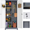 GREATMEET 72'' Metal Utility Storage Cabinet with Pegboard & Tool Hanging Bars, Double Door Cleaning Supply Organizer with Adjustable Shelves, Tall Garage Janitor Storage Cabinet, Gray White