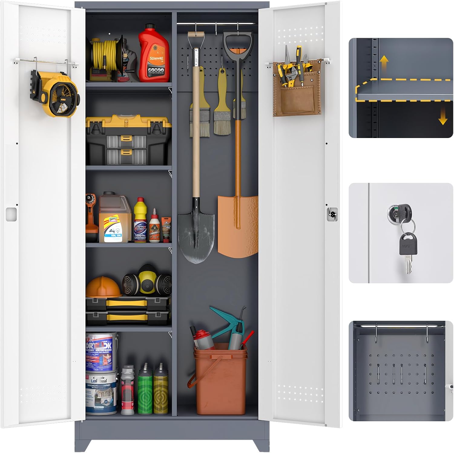 GREATMEET 72'' Metal Utility Storage Cabinet with Pegboard & Tool Hanging Bars, Double Door Cleaning Supply Organizer with Adjustable Shelves, Tall Garage Janitor Storage Cabinet, Gray White