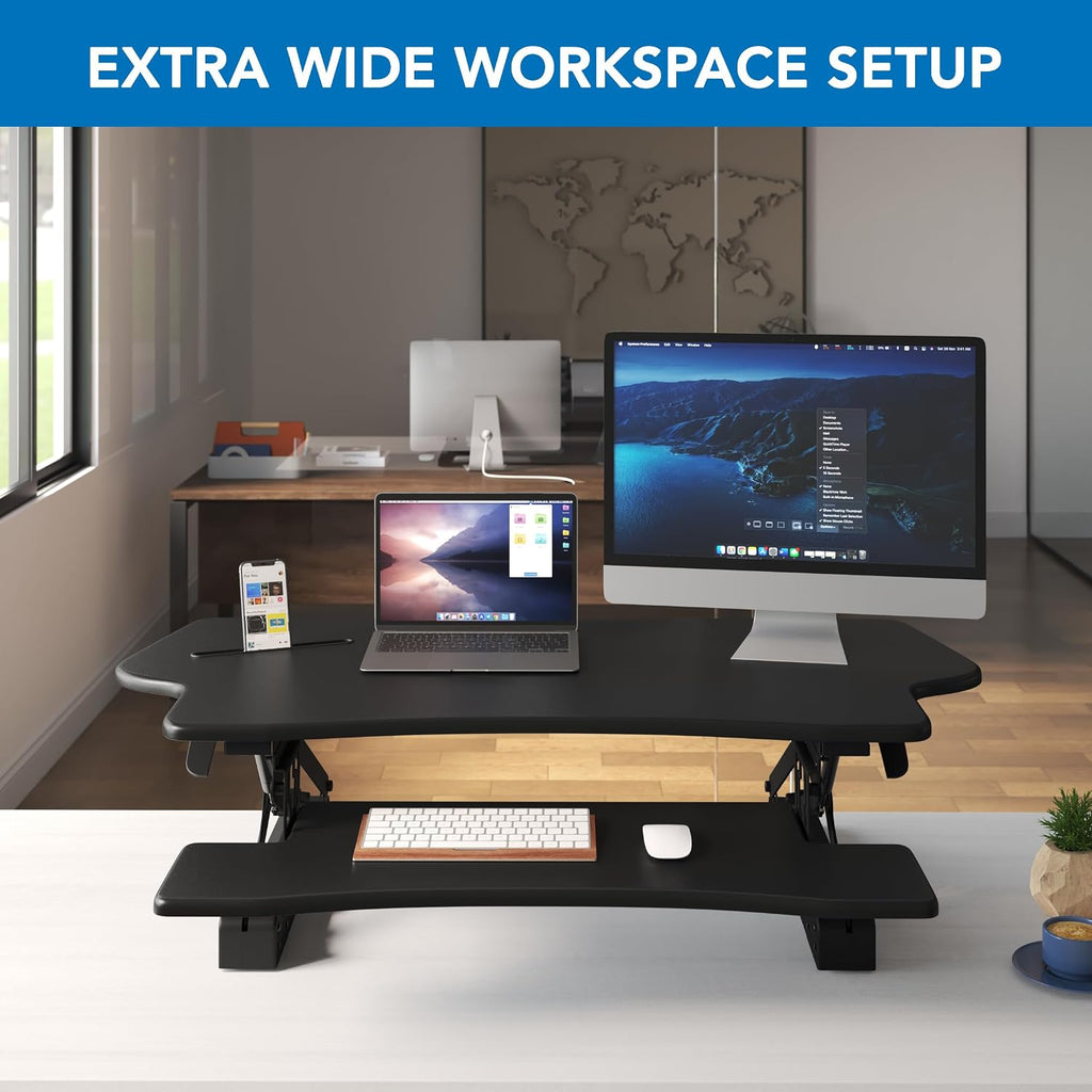 Mount-It! Standing Desk Converter, 48' Wide Sit Stand Desk Riser with Dual Gas Spring Handles, Height Adjustable from 6'–19.25', Extra Large Tabletop for 2 Monitors, Keyboard Tray & Device Slot, Black