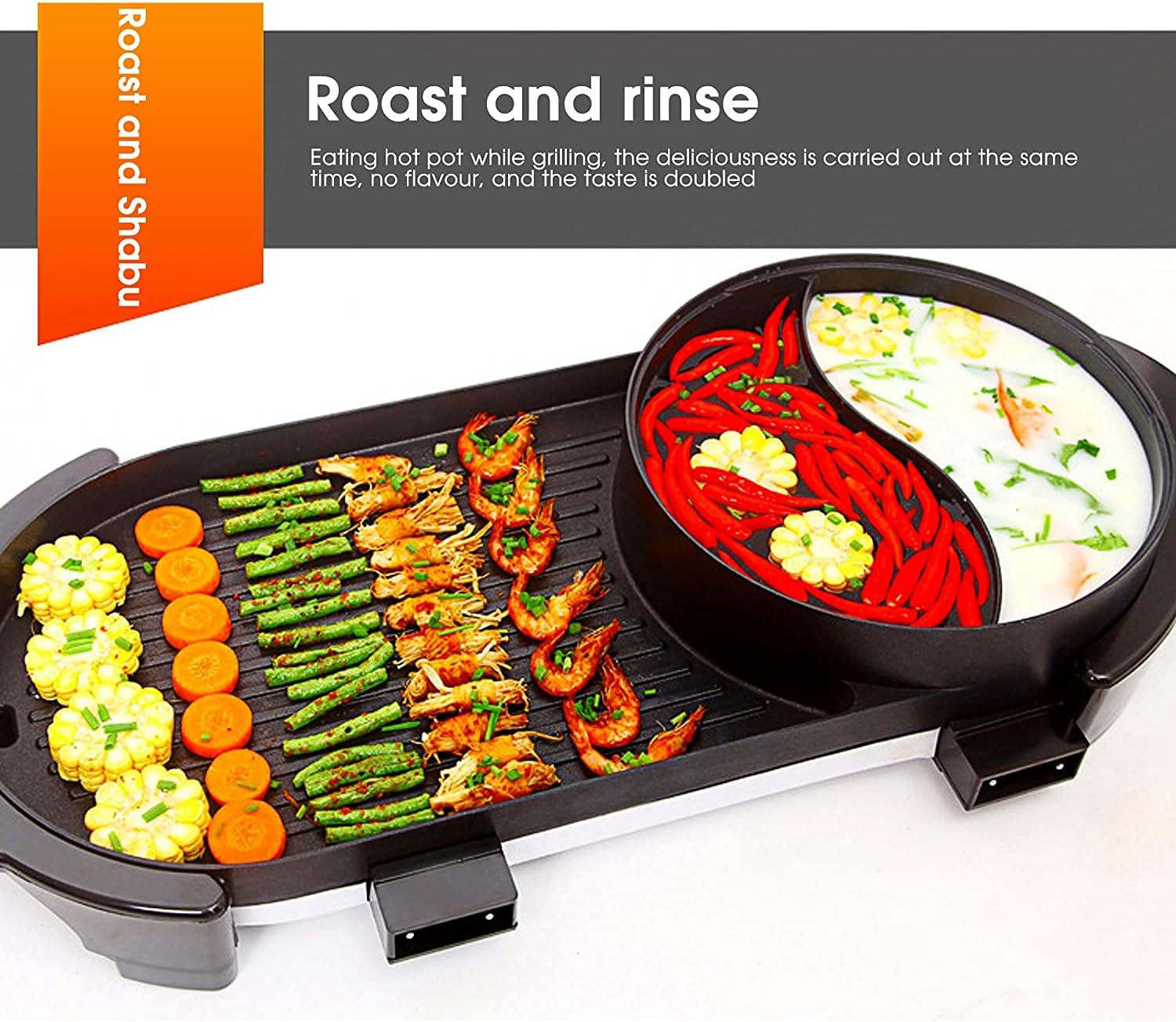 BBQ Smokeless Grill Electric Grill and Hot Pot, Multifunctional BBQ hot Pot Double Pot with 5 Temperature adjustments,Portable Home Electric Barbecue 2 in1 Outdoor Teppanyaki Grill/Shabu Pot (Size :
