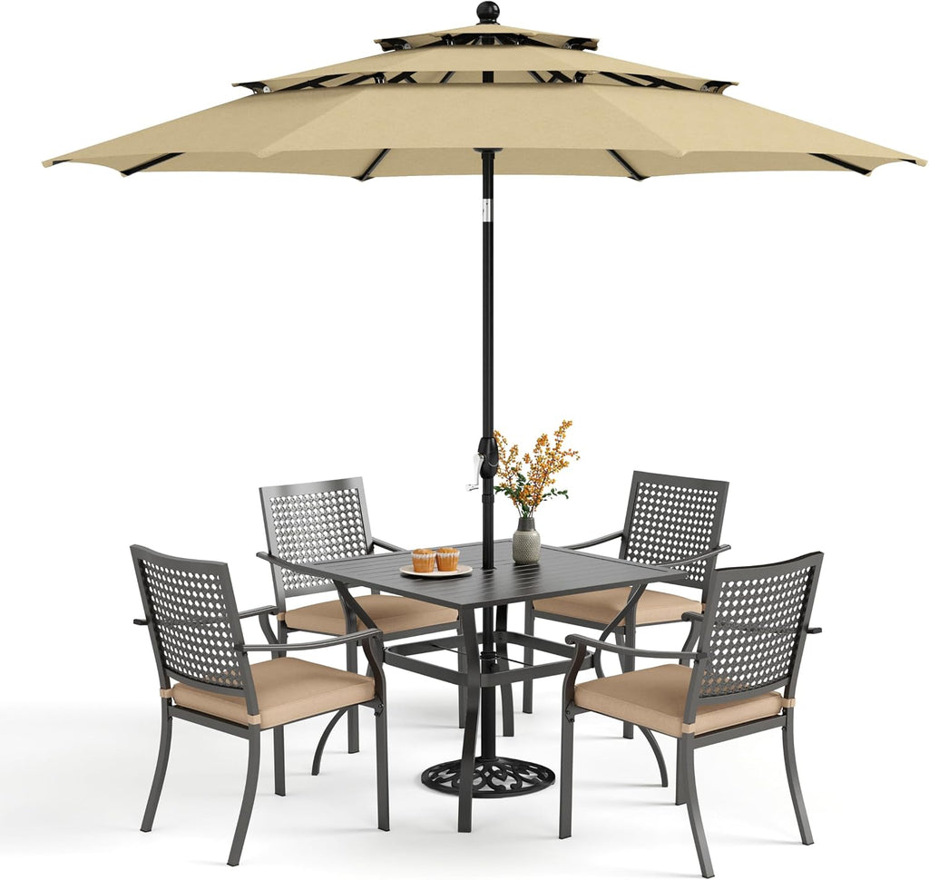 PHI VILLA 5 Pieces Outdoor Dining Set for 4 with 10ft Umbrella, 37' Metal Square Table & Stackable Wrought Iron Chair with Cushions & Beige Umbrella, Modern Furniture Set for Patio, Deck, Yard, Porch