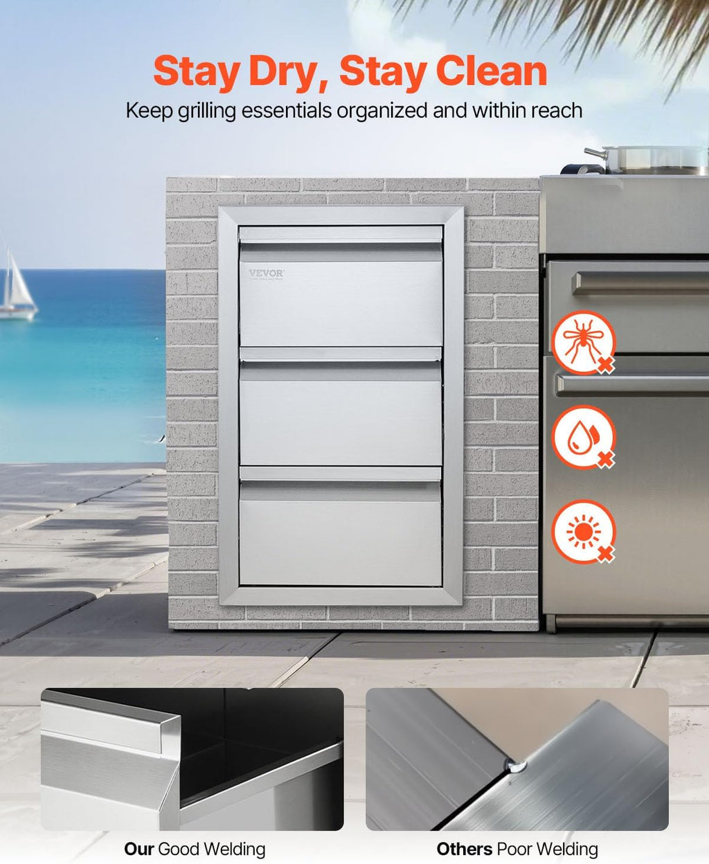VEVOR Outdoor Kitchen Drawers 14.7' W x 25.4' H x 18.7' D, Box Frame Style Flush Mount BBQ Drawers with Stainless Steel Handle, BBQ Island Drawers for Outdoor Kitchens or Patio Grill Station