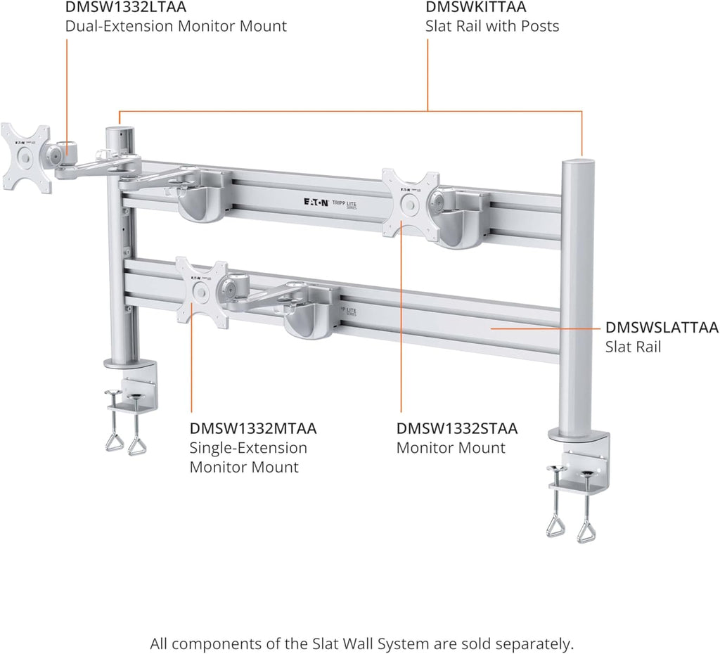 Tripp Lite Eaton DMSWKITTAA Multi-Monitor Mount Stand, Horizontal Track System, Desk Clamp Mount with Slat Wall Rail, Dual-Sided, VESA Compliant up to 32' Displays, TAA Compliant, 5-Year Warranty