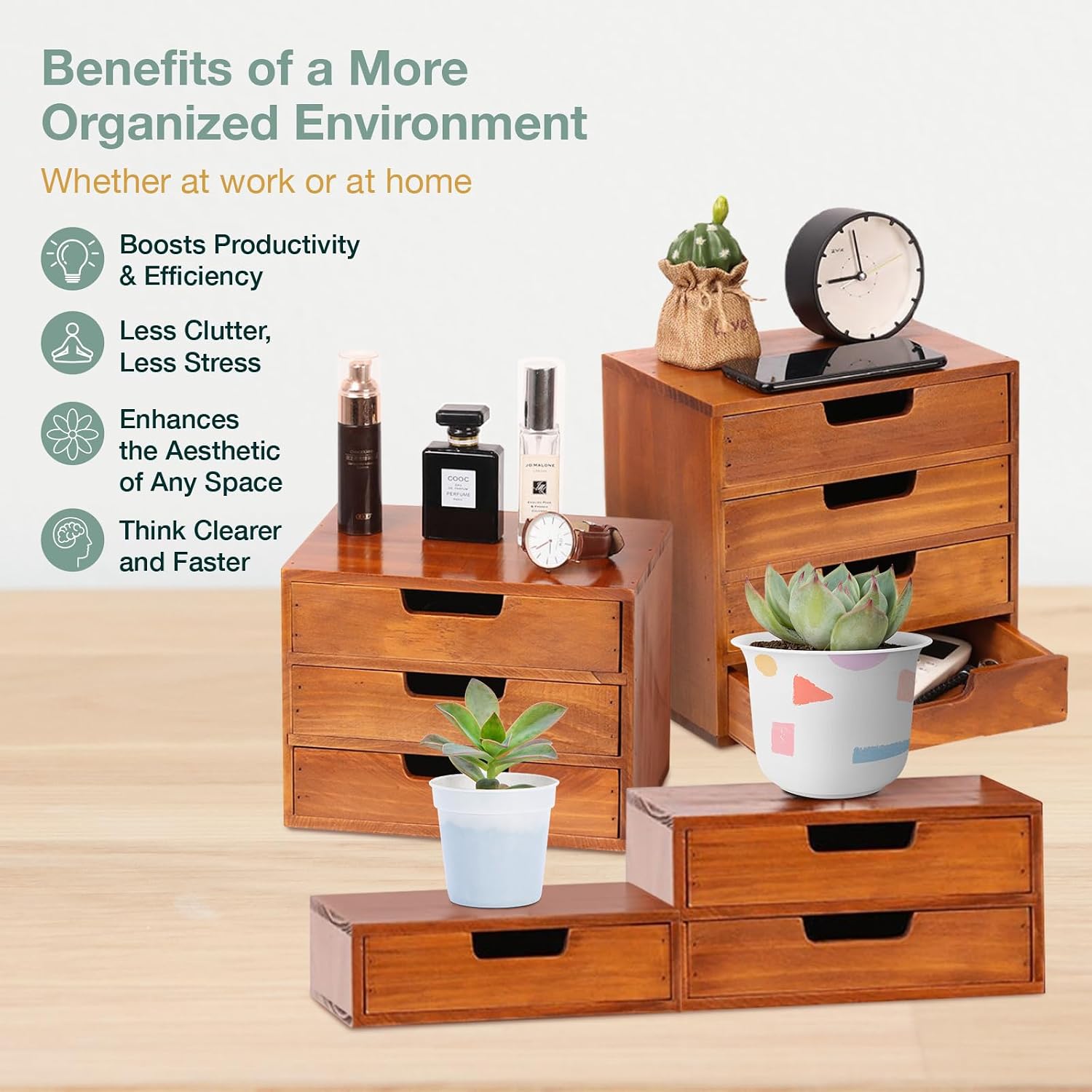 4-piece Drawer Cabinet Bundle Set - Modern Mahogany Wood Stackable Units - Multi-level Drawer Desktop Storage Organizers (4-Pack)
