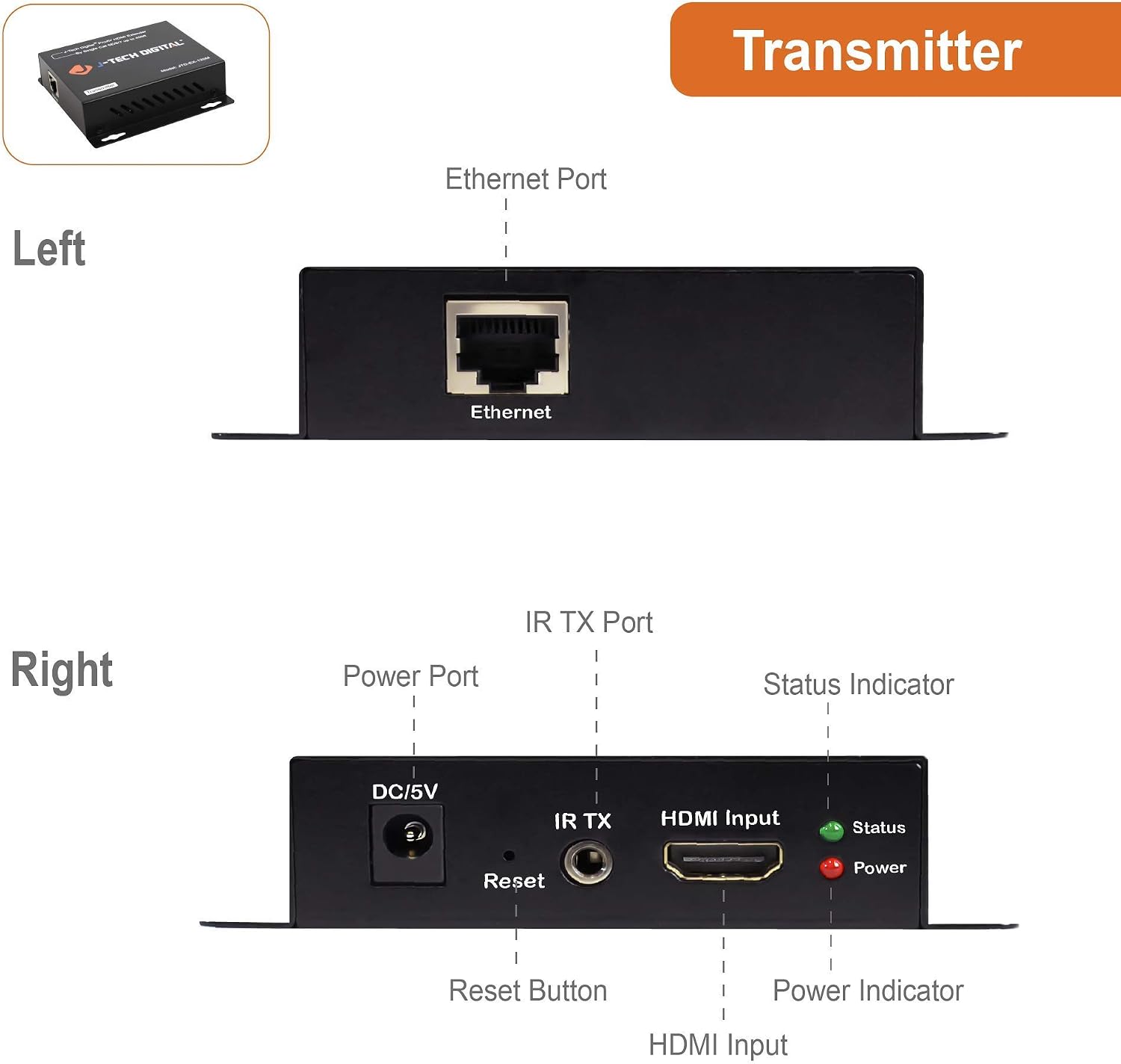 J-Tech Digital HDMI Extender Over Single Cat5e/6/7 HDMI Over Ethernet 1080p with IR Extension - Up to 400ft [TX + RX]