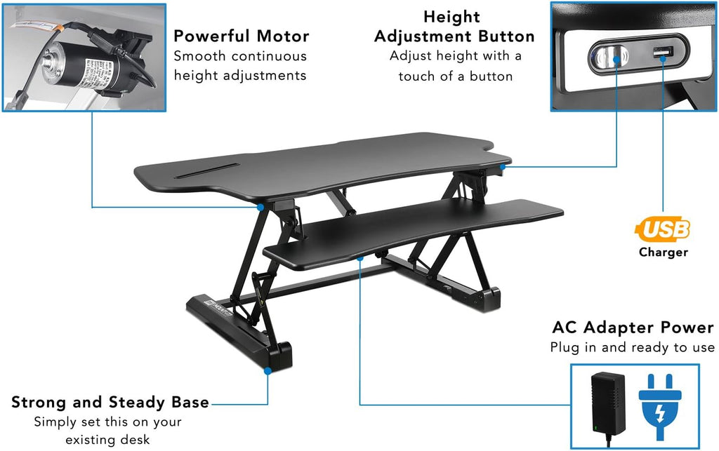 Mount-It! 48.5' Electric Standing Desk Converter for Dual Monitors, Motorized Sit Stand Electric Desk Riser with USB Port & Device Slot, Keyboard Tray, Adjustable Height Ergonomic Workstation, Black