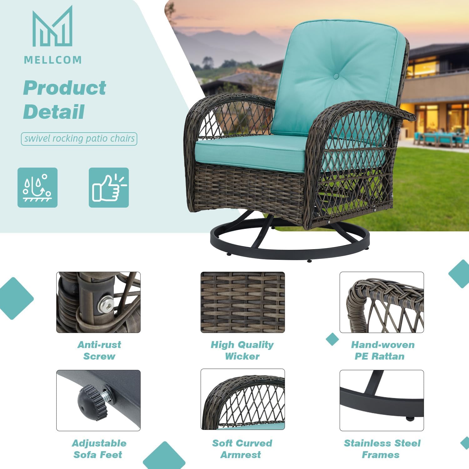 MELLCOM 3 Pieces Patio Furniture Set, Outdoor Swivel Rocker Patio Chairs, Wicker Patio Bistro Set with Rocking Chair, Thickened Cushions and Glass Coffee Table for Backyard, Garden, Peacock Blue