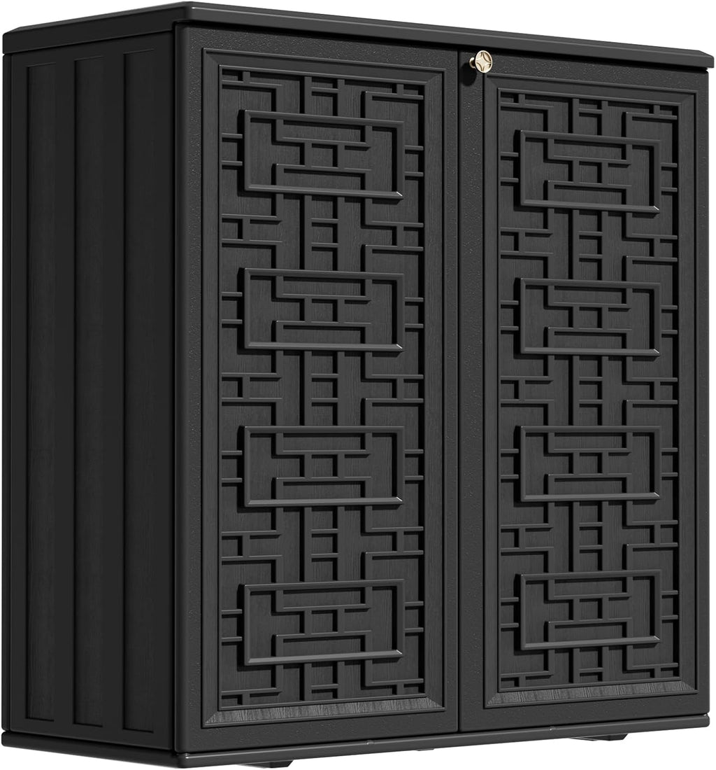 ZZM HDPE Outdoor Storage Shed, Outdoor Plastic Storage Cabinet, Horizontal Resin Tool Shed for Garden, All Weather Outdoor Storage Clearance, DIY Usage, with one Shelf (Black)