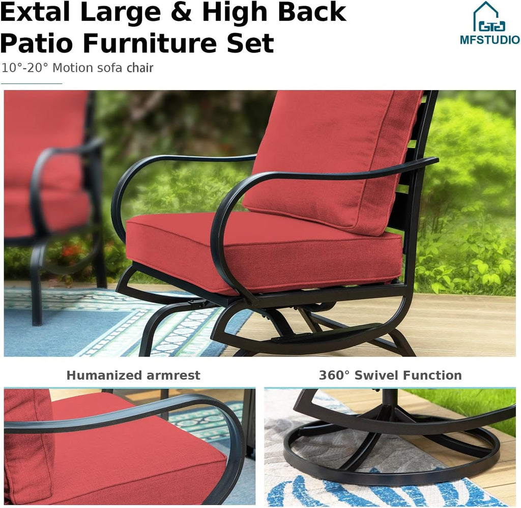 MFSTUDIO 5 Pieces Patio Conversation Sets,Outdoor Metal Furniture Sofas with 1 x 3-Seat Sofa, 2 x Swivel Chairs,2 x Ottoman,Wrought Iron Frame with Red Cushion for Patio Courtyard Balcony