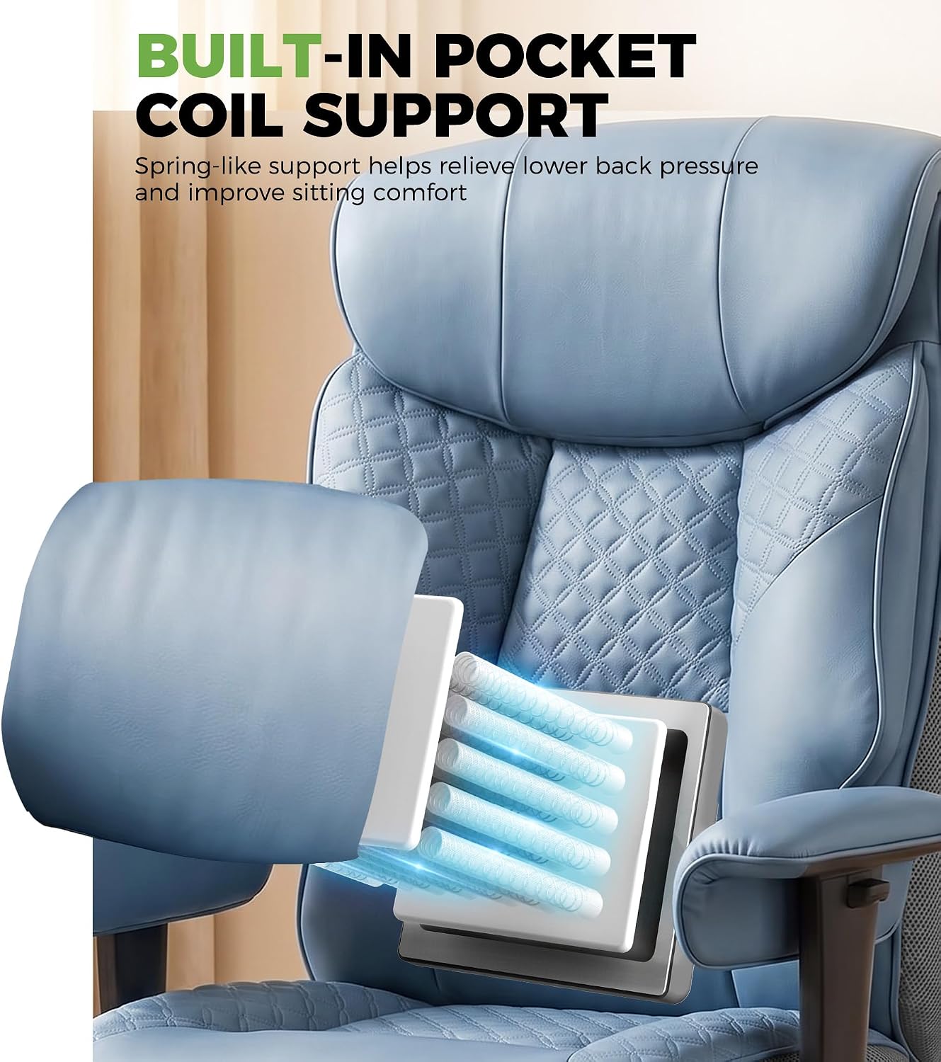 GTPLAYER Big and Tall Office Chair, High Back Computer Gaming Chair with Ergonomic Lumbar Support &Pocket Spring Cushion for Lower Back Pain Relief, Leather Executive Chair with Foot Rest, Blue
