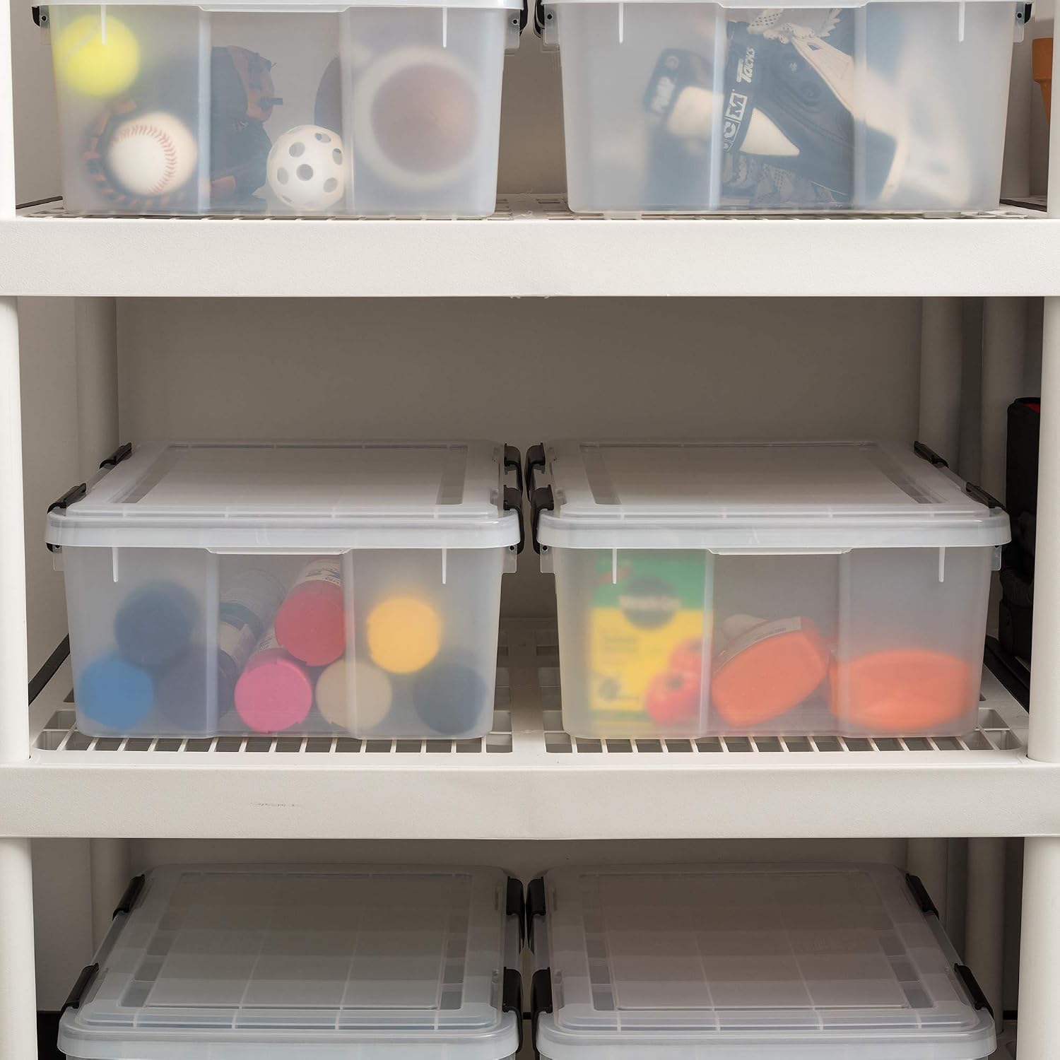 IRIS USA WeatherPro 31 Qt Storage Bins with Lids, 6 Pack, BPA-Free Plastic Gasket Box with Tight Latch and Seal, Stackable Nestable Tote Tub - Clear/Black