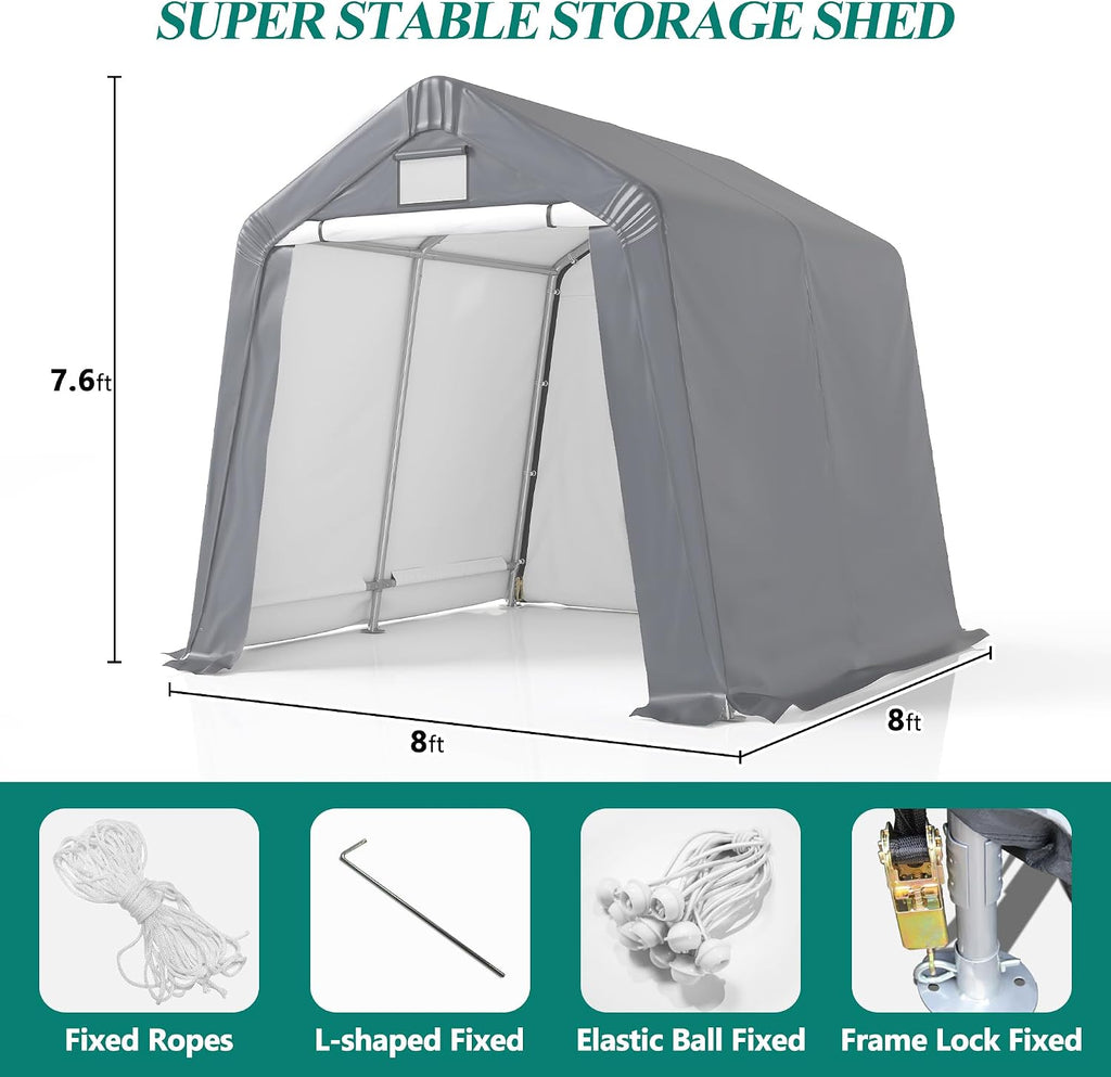 GARTOO 8' x 8' Outdoor Storage Shelter Shed- Heavy Duty Storage Tent with Roll-up Ventilated Windows, Portable Garage Zipper Storage shed for Bike, ATV, Motorcycle Shelter, Gray