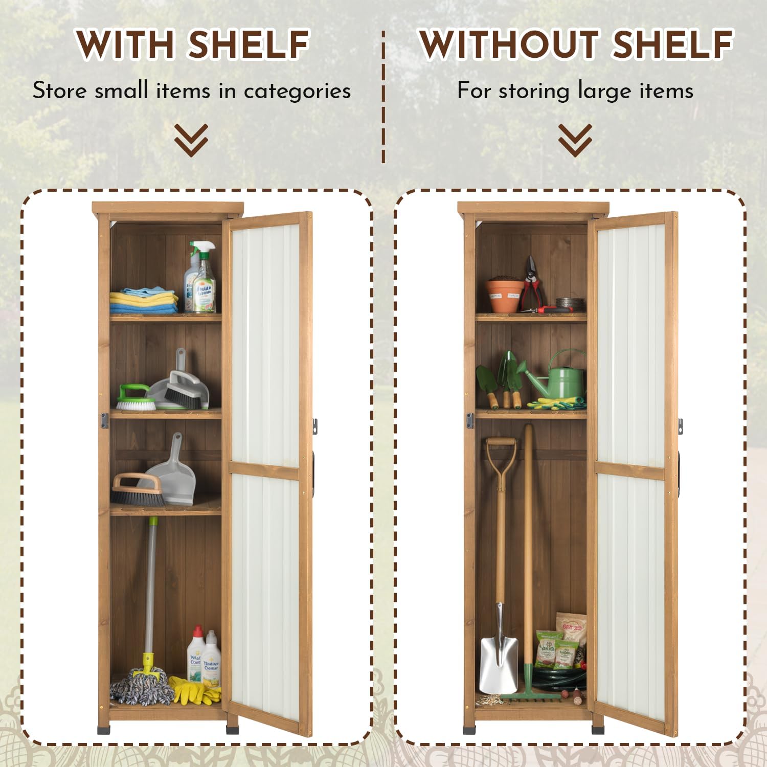 Ketive 62' Tall Outdoor Storage Cabinet, Narrow Garden Storage Cabinet with Adjustable Shelves, Slim Wood & Metal Tool Organizer for Patio, Garden, Porch, Garage or Indoor Storage