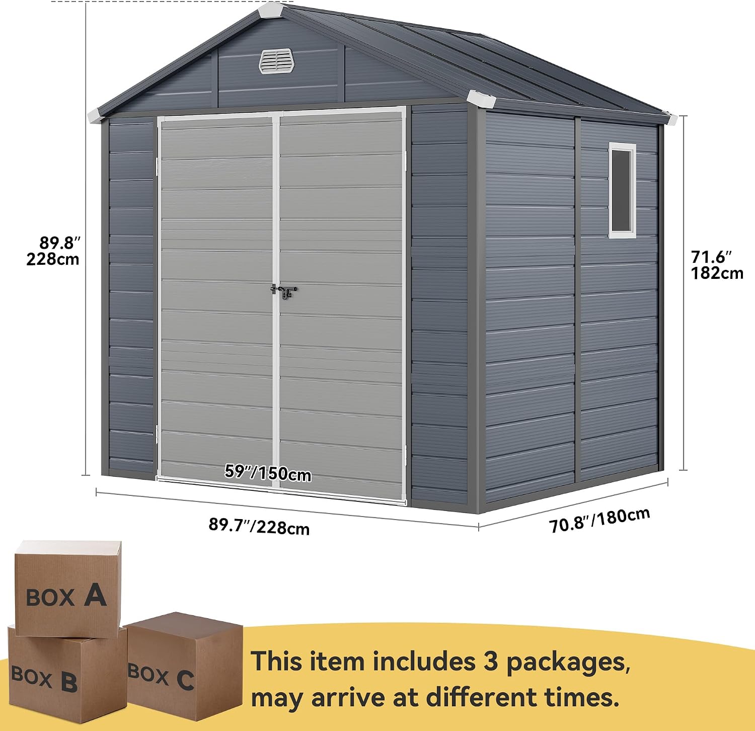 DWVO 8x6.2FT Outdoor Storage Shed w/o Floor, All-Weather Plastic Shed with Lockable Doors, Window & Vents, Plastic Tool Shed for Backyard, Patio, Poolside, Lawn, Gray
