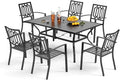 PHI VILLA 7 Piece Outdoor Dining Set for 6, 60' Rectangular Metal Steel Table with Umbrella Hole & Stackable Chairs, Heavy-Duty Furniture Set for Patio, Deck, Yard, Porch - Black