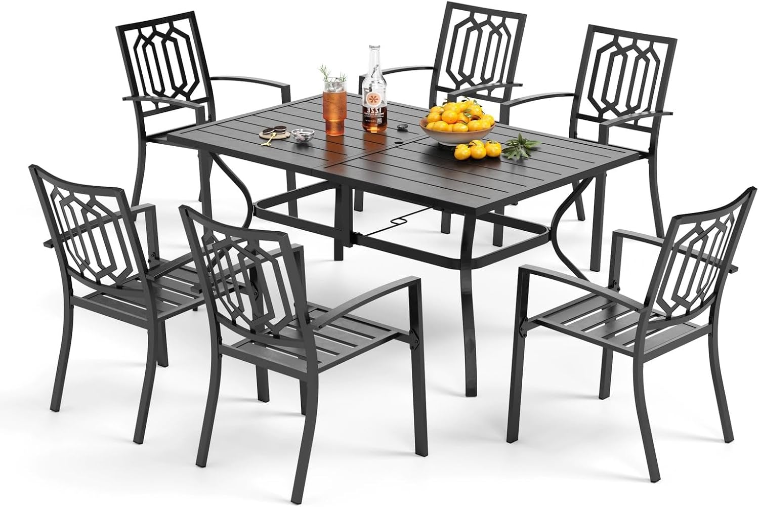PHI VILLA 7 Piece Outdoor Dining Set for 6, 60' Rectangular Metal Steel Table with Umbrella Hole & Stackable Chairs, Heavy-Duty Furniture Set for Patio, Deck, Yard, Porch - Black