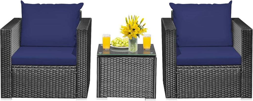 HAPPYGRILL 3-Piece Patio Furniture Set Rattan Wicker Patio Conversation Set with Coffee Table and Cushions Outdoor Sofa Set for Garden Balcony Porch Poolside