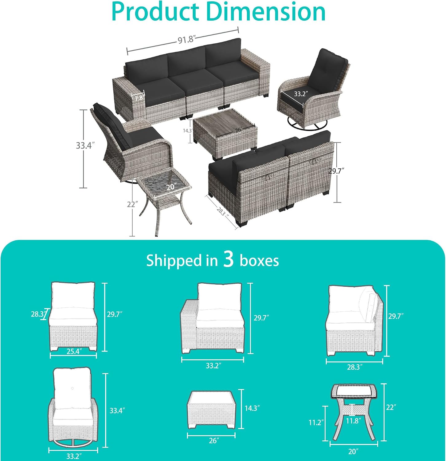 9-Piece Outdoor Patio Furniture Set with Rocking Swivel Chair Wicker Sectional Sofa Set, Patio Conversation Set with Thickened Cushions & Coffee Table for Garden, Backyard, Dark Grey
