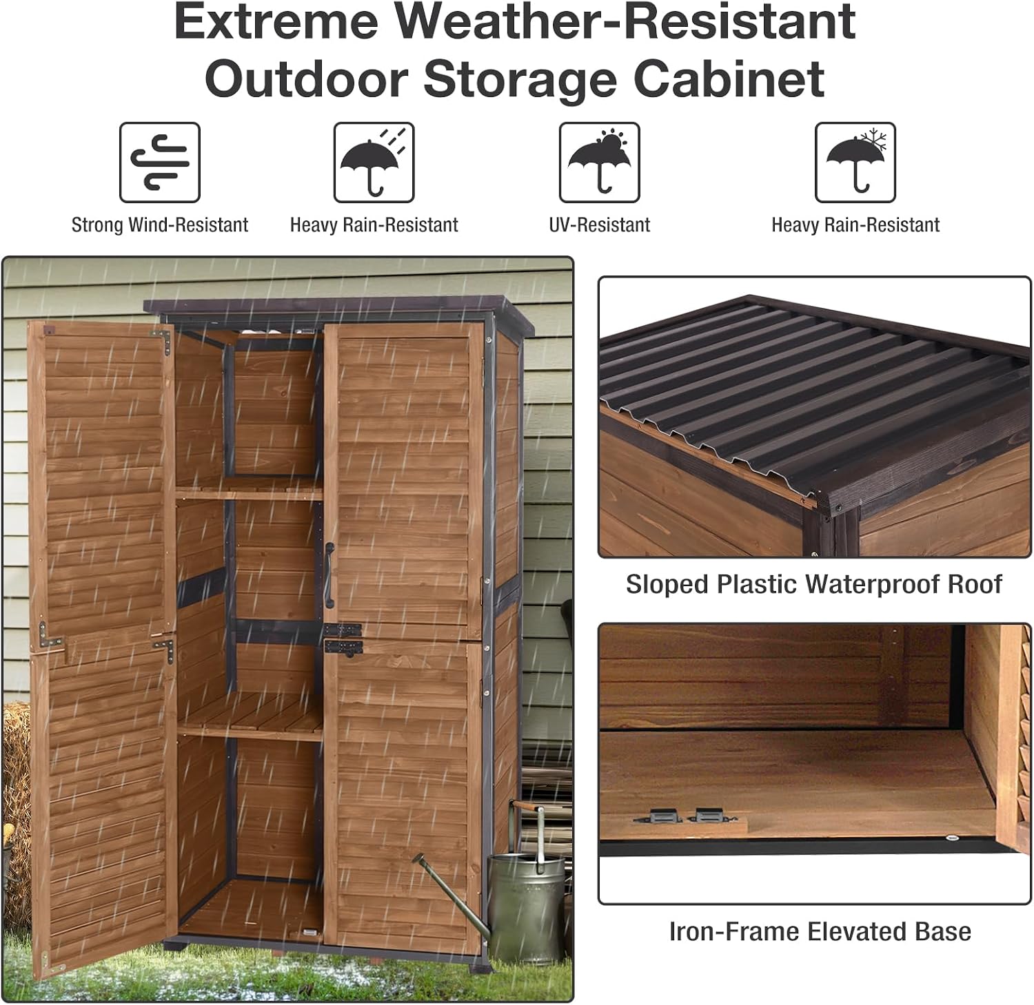 Outdoor Storage Cabinet Waterproof, Storage Shed with Sturdy Iron Frame & Anti-Corrosion Wood, Louvered Door Lockable Cabinet for Patio Garden Backyard, 63' H