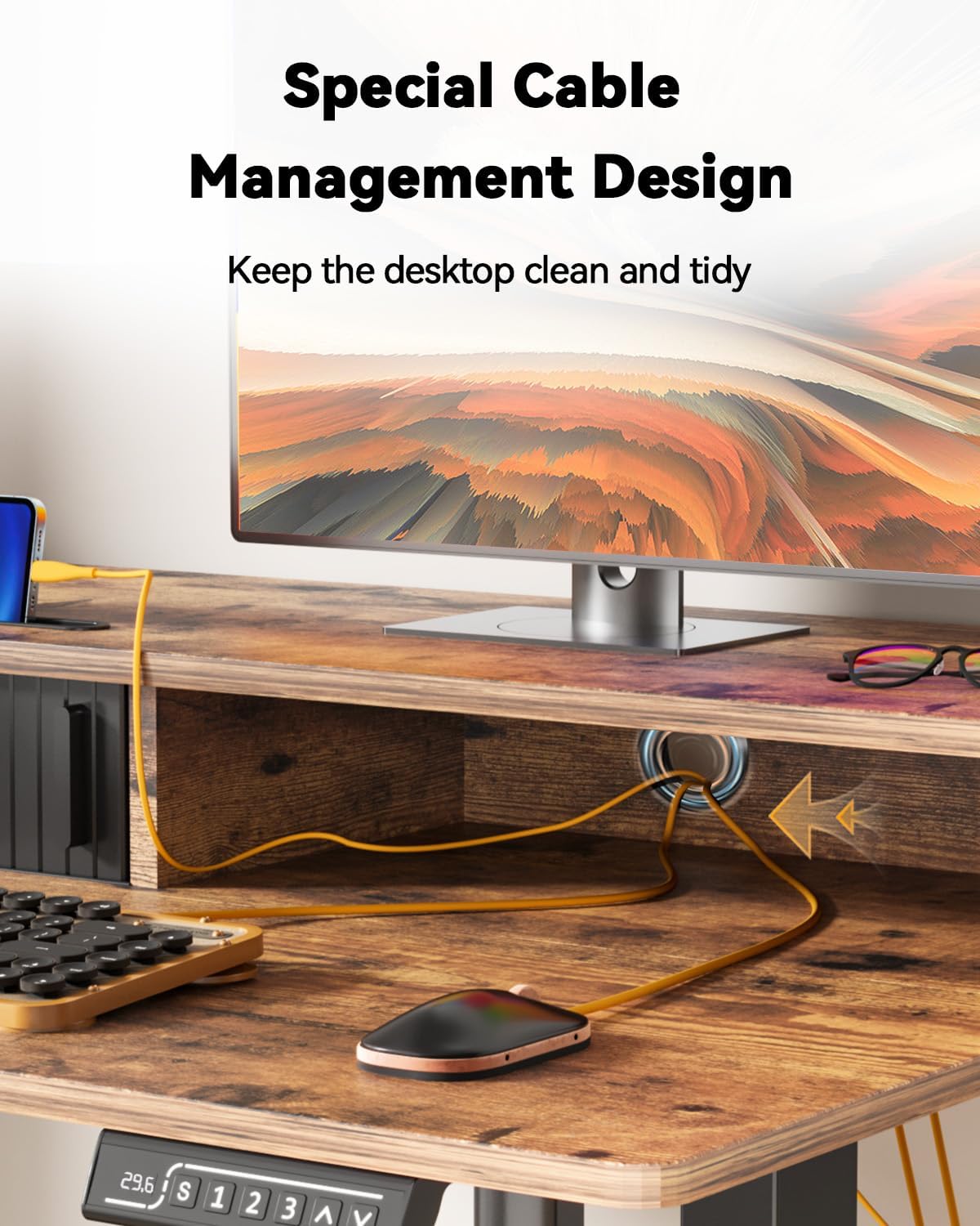 JOY worker Small Electric Standing Desk, 35' x 25' Height Adjustable Desk with Built-in Monitor Stand & Storage Drawer, Sit Stand Desk with 2 Hooks for Home Office, Rustic Brown