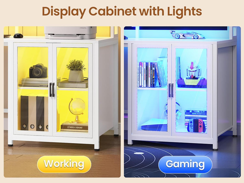 SEDETA L Shaped Gaming Desk with 4 Drawers, 109' Computer Desk with Display Cabinet, Home Office Desks with 2 Monitor Stands, CPU Stand, LED Lights and Power Outlet, White