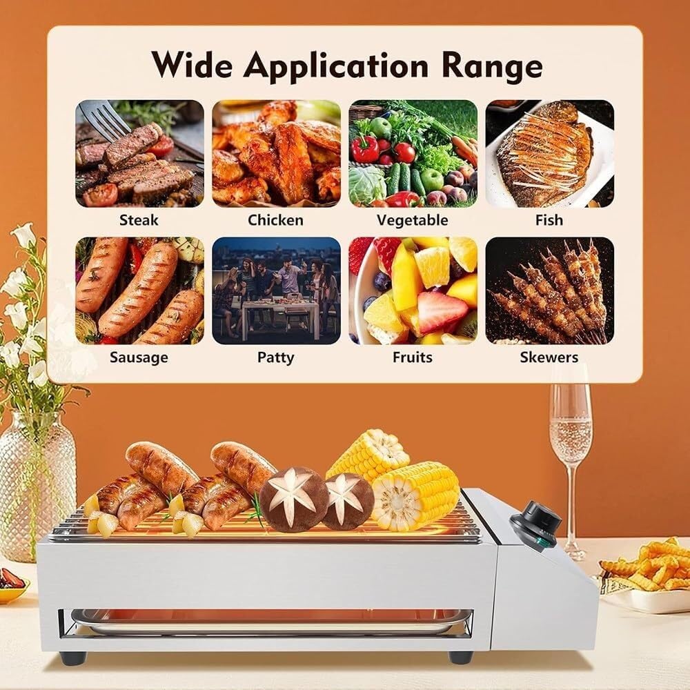 Indoor Grill, 2600W Electric, Smokeless, Even Heating, Portable, Grease Collection Tray,Single Plate, For Family Parties, Outdoor Grilling or Commercial Use