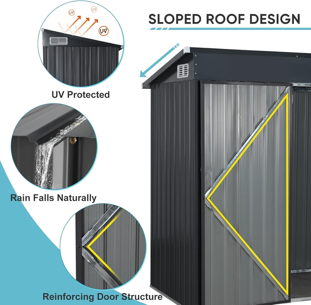 Verano Garden 5'x3' Outdoor Storage Shed, Galvanized Metal Steel Garden Shed W/Lockable Door, Small Waterproof Storage Shed for Backyard, Patio, Lawn (55.31' x 30.12', Black)