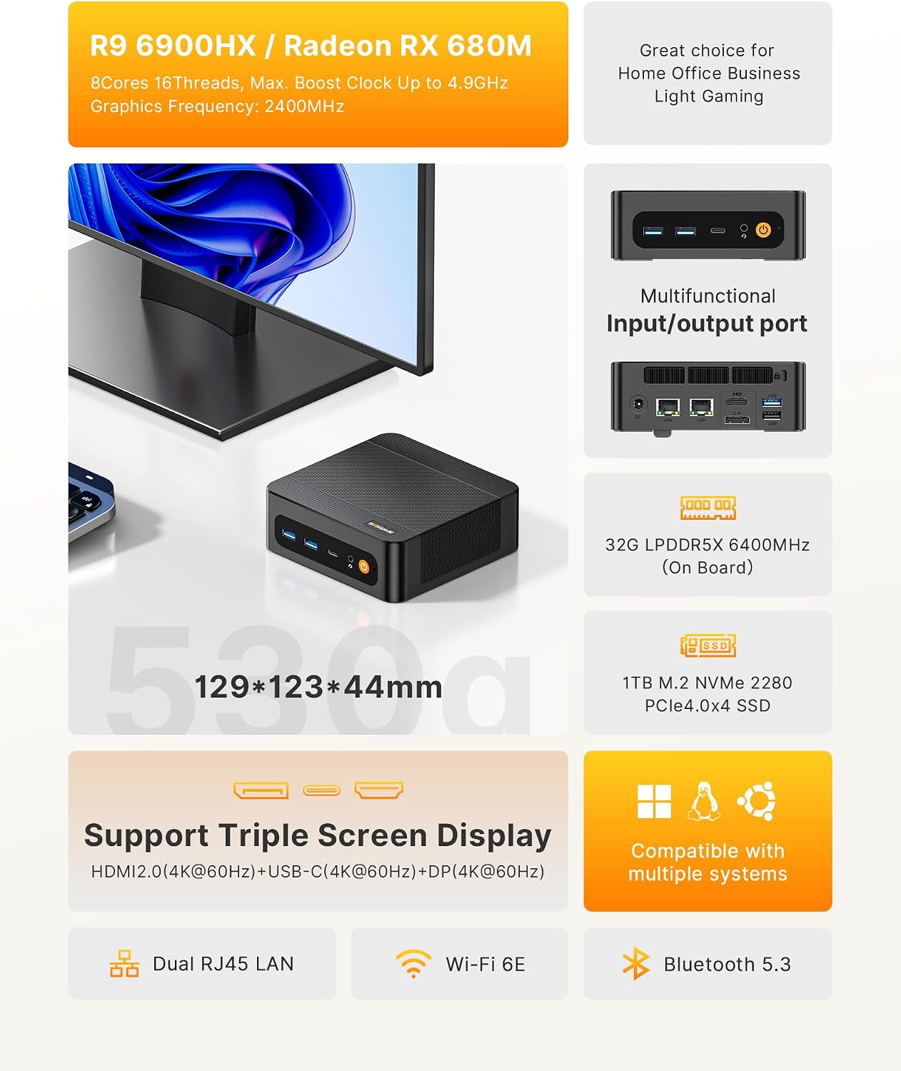 BOSGAME P6 Ryzen 9 6900HX Mini PC, 32GB LPDDR5X 6400MHz 1TB PCIe4.0 NVMe SSD Mini Computers, Dual LAN, AX210 Wi-Fi 6E, BT 5.3, Triple Display 4K, Light Gaming | Home | Office | Business Great Value PC