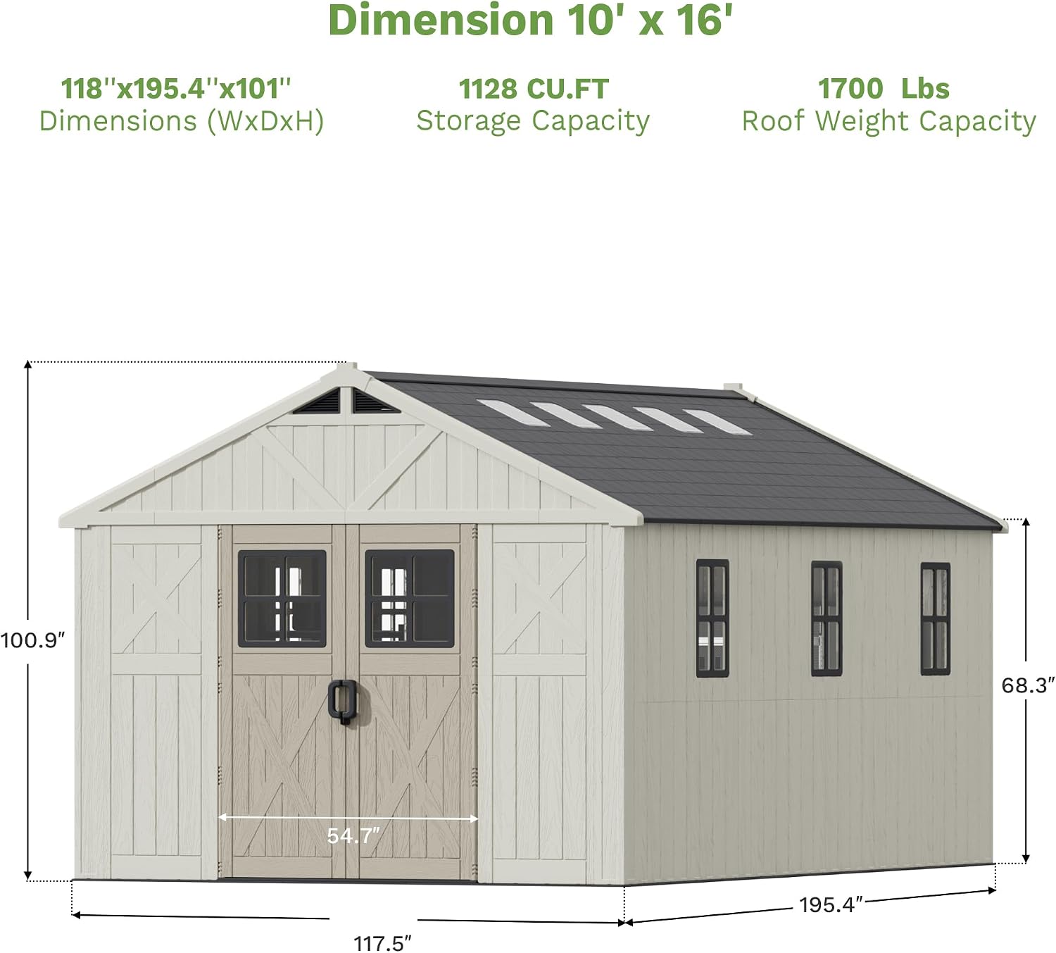 Patiowell 10 x 16 FT Outdoor Storage Shed, Plastic Shed with Floor and Skylight, Resin Storage Shed with Four-Window and Lockable Door for Garden, Patio, Backyard, Beige