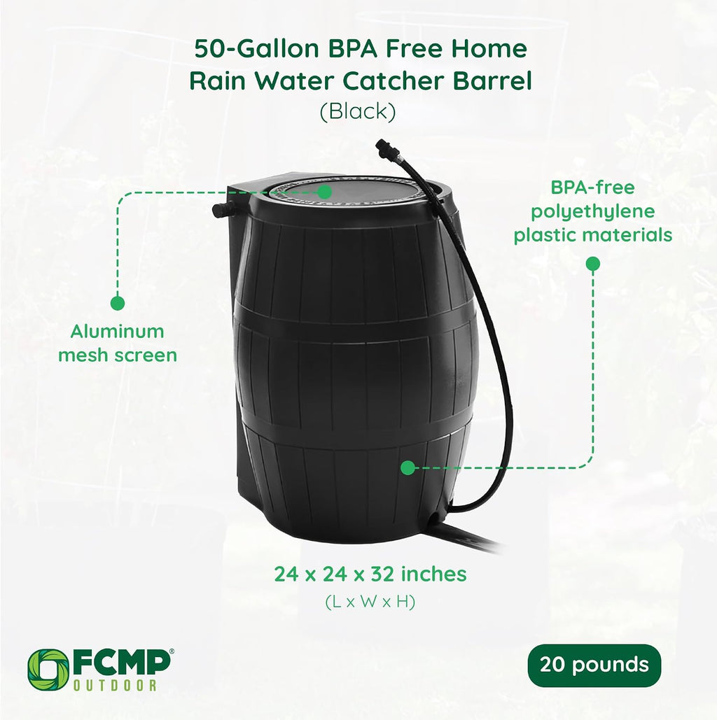 FCMP Outdoor Raincatcher 4000 Rain Barrel, Flat-Back Rainwater Catcher with Spigots, 50 Gallon, Black - Portable Water Storage Container Tank for Home, Garden, and Backyard