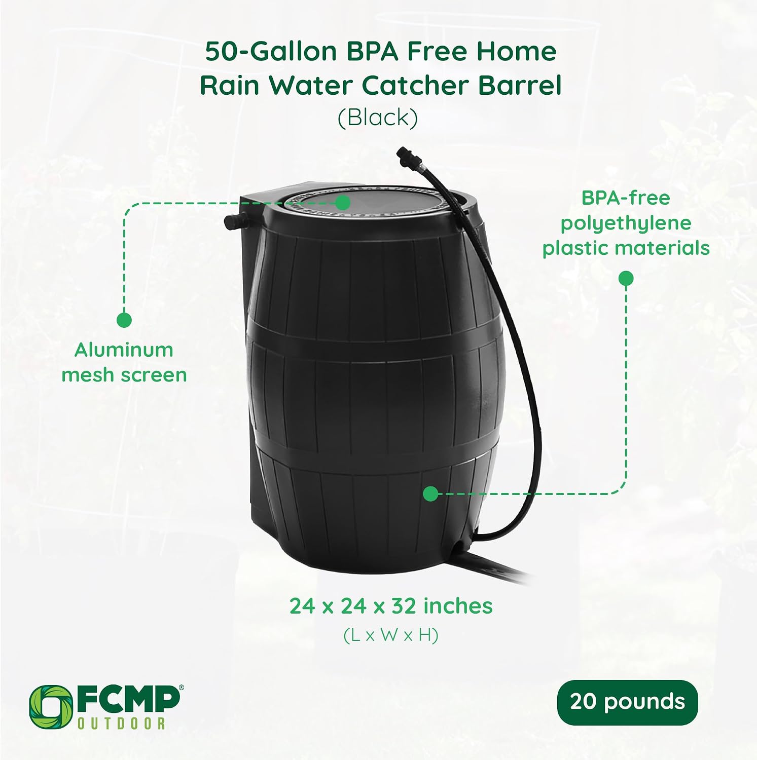 FCMP Outdoor Raincatcher 4000 Rain Barrel, Flat-Back Rainwater Catcher with Spigots, 50 Gallon, Black - Portable Water Storage Container Tank for Home, Garden, and Backyard