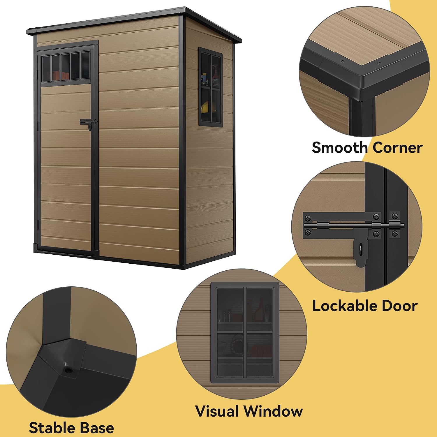 DWVO 5x3FT Outdoor Storage Shed with Fence-Style and Side Windows, Floor, Lockable Doors, Plastic Storage for Backyard and Garden, Brown