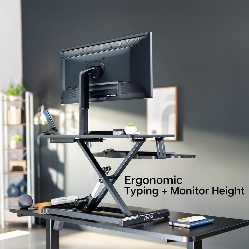 VIVO 32 inch Electric Motor Desk Converter, Height Adjustable Riser, Sit to Stand Dual Monitor and Laptop Workstation with Wide Keyboard Tray, Black, DESK-VE32B