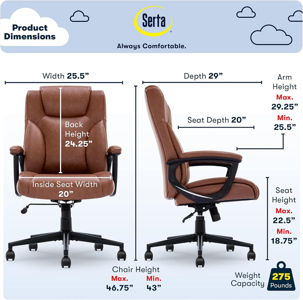 Serta Connor Executive Office Chair, Ergonomic Computer Chair with Layered Body Pillows, Contoured Lumbar, Adjustable Seat Height, Bonded Leather, Cognac