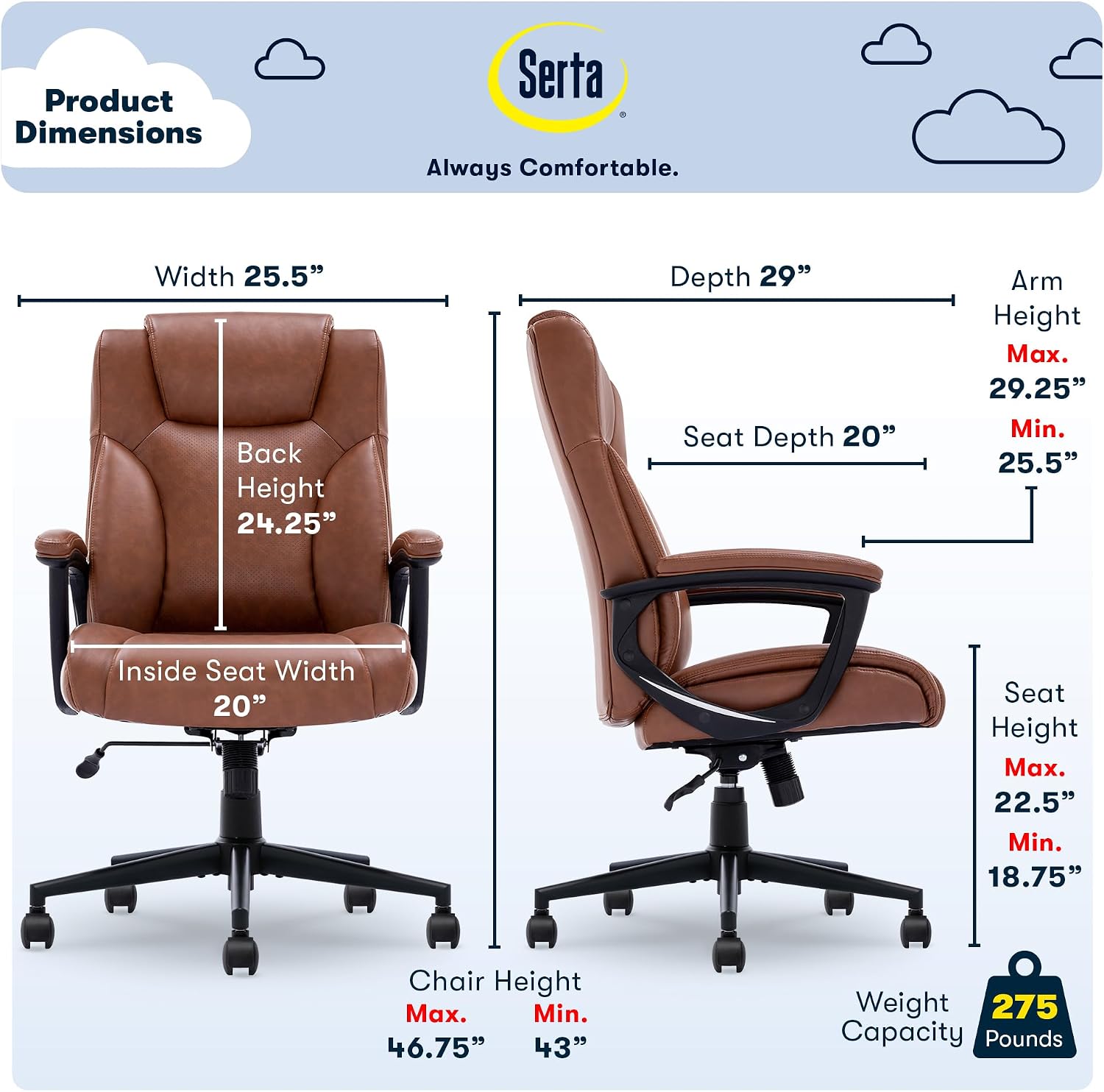 Serta Connor Executive Office Chair, Ergonomic Computer Chair with Layered Body Pillows, Contoured Lumbar, Adjustable Seat Height, Bonded Leather, Cognac