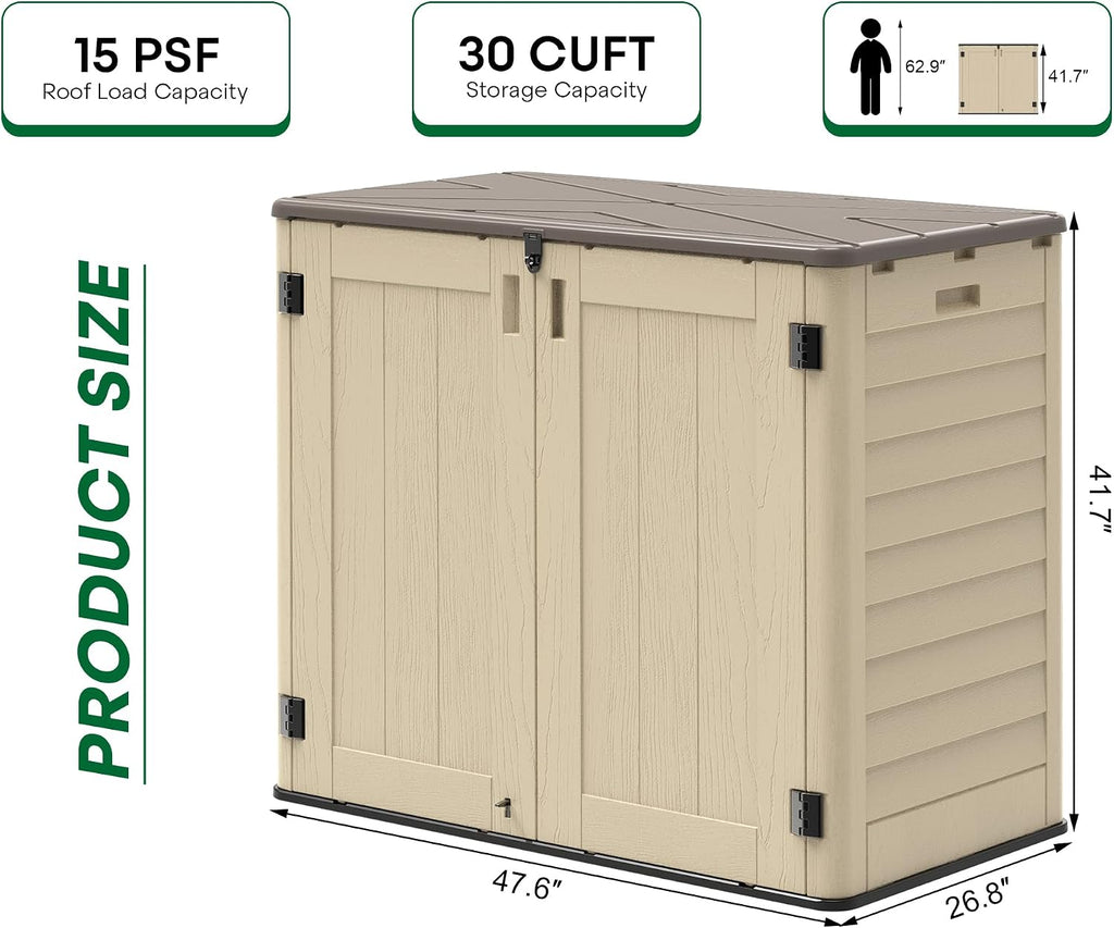 Outdoor Storage Shed, 30 Cu Ft Waterproof Horizontal Resin Storage Cabinet, Weather-Resistant Garden Shed Trash Can Storage with Pad-Lockable Doors for Backyards (Khaki)