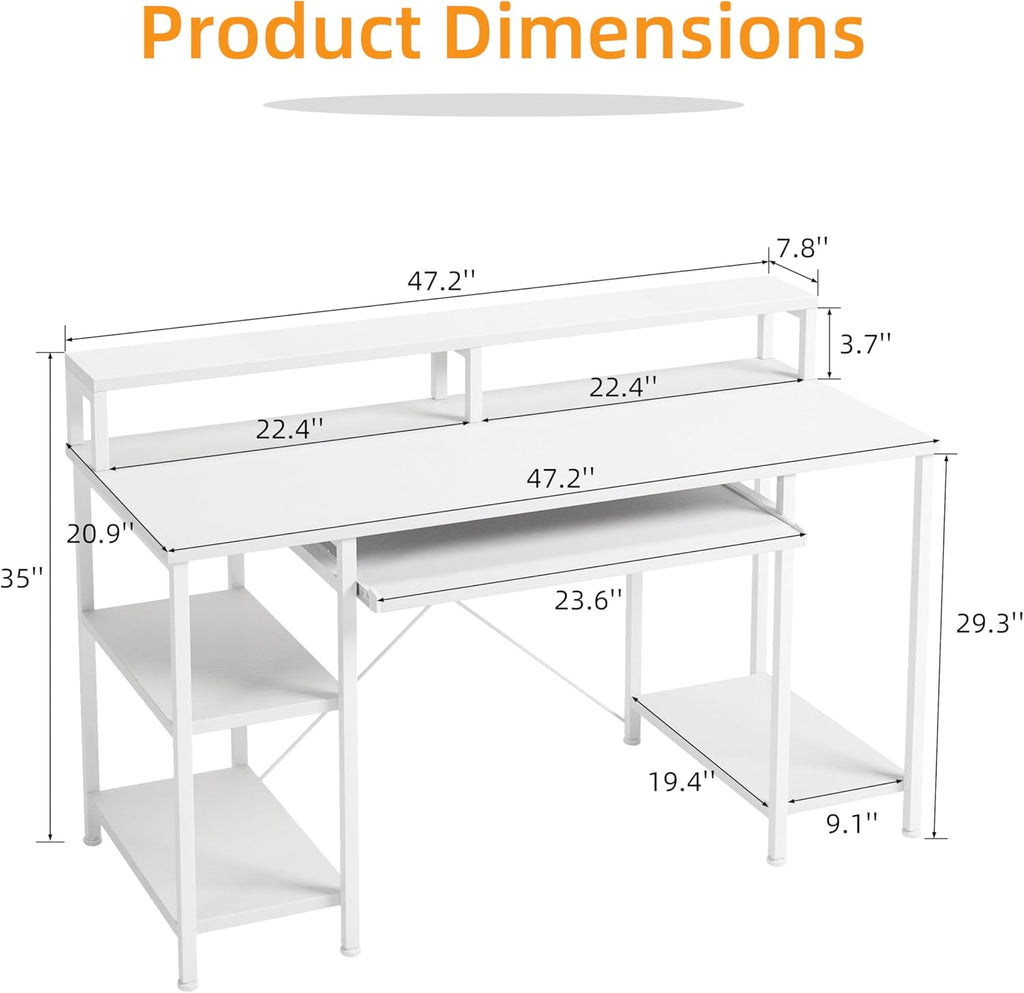 VERMESS 48 Inch Computer Desk, Home Office White With Keyboard Tray, Gaming With Full Monitor Stand, Storage Shelves & CPU Stand, Modern Study Writing Table Studio Work With Shelf