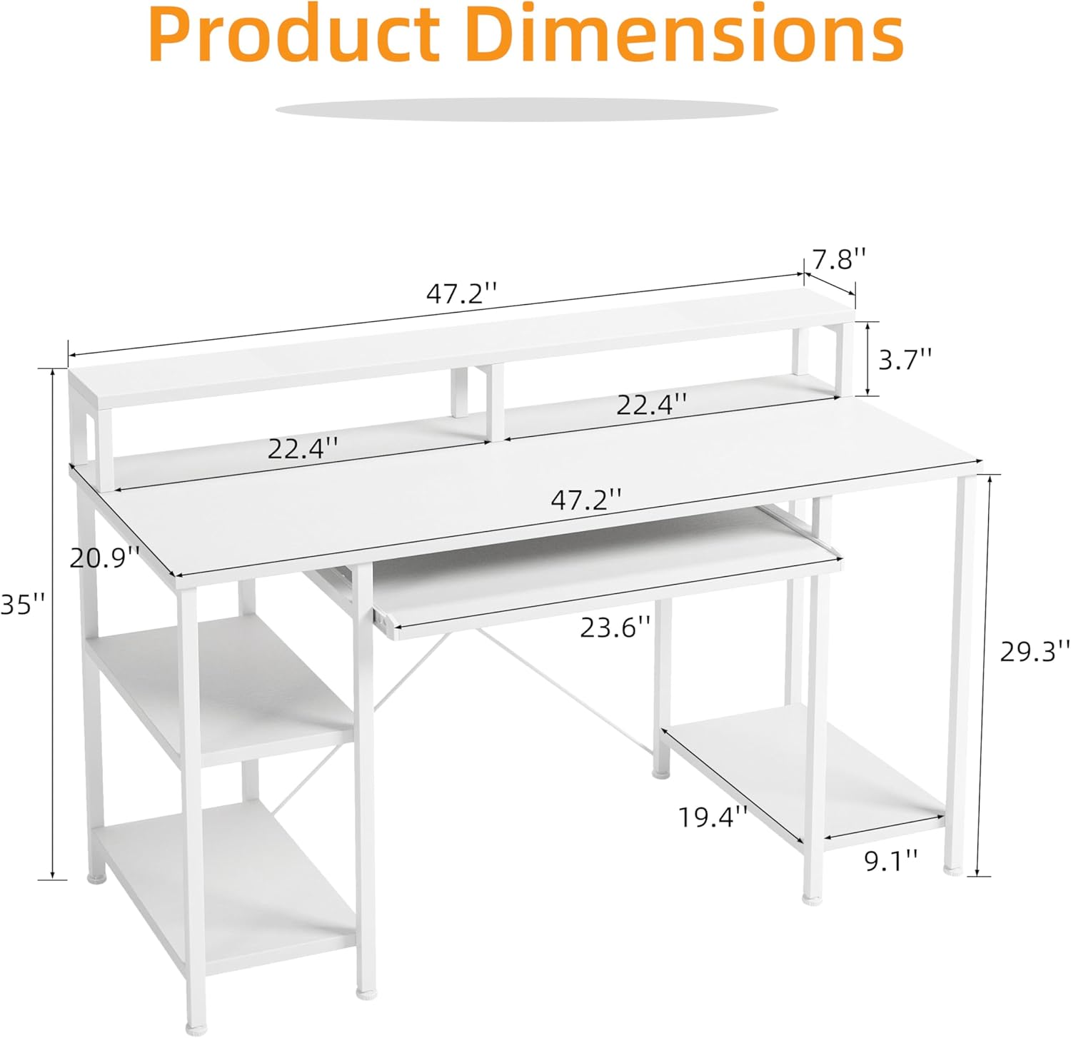 VERMESS 48 Inch Computer Desk, Home Office White With Keyboard Tray, Gaming With Full Monitor Stand, Storage Shelves & CPU Stand, Modern Study Writing Table Studio Work With Shelf