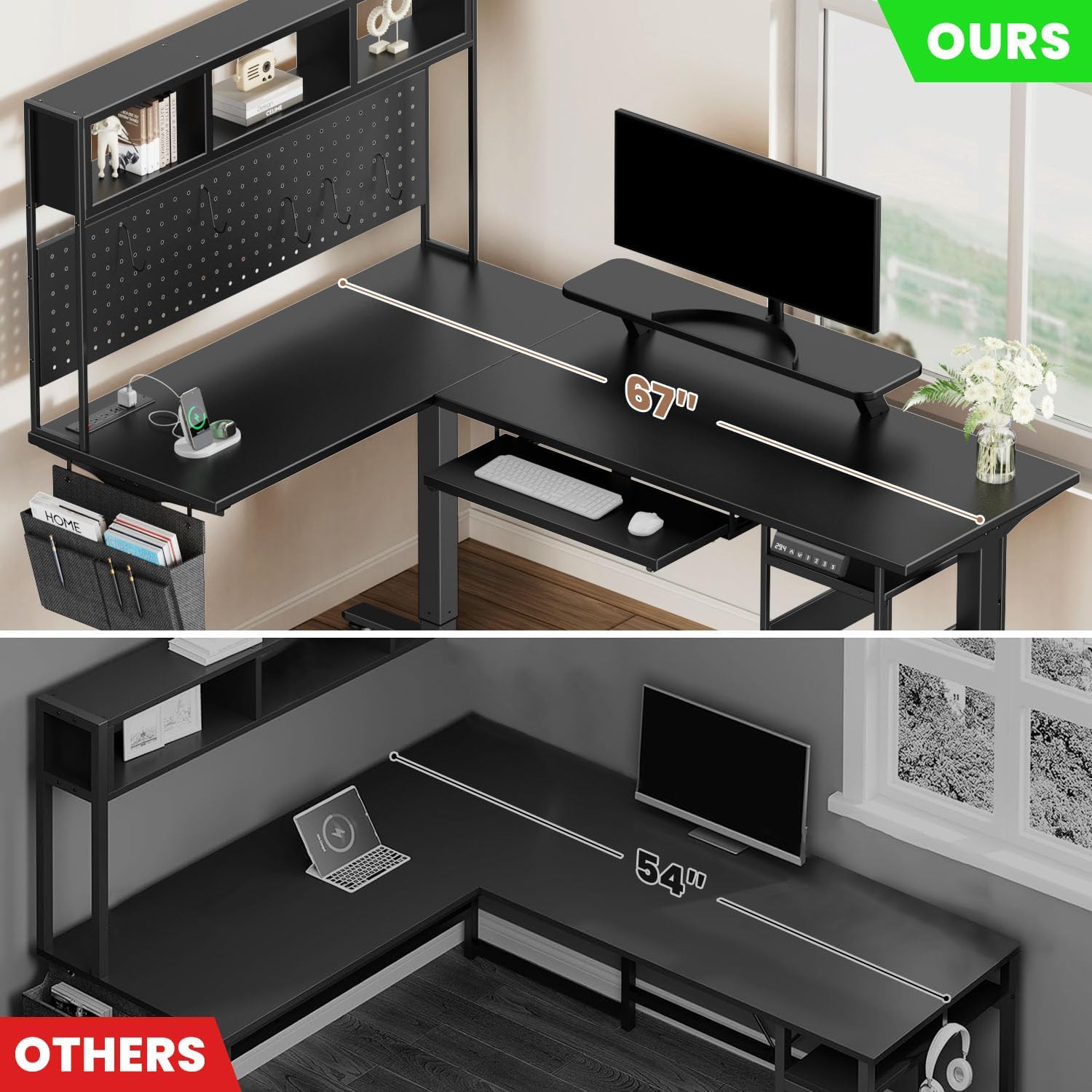 Flycity Electric L Shaped Standing Desk Adjustable Height, 67' x 47' Corner Computer Desk with Host Shelf, Gaming Desk with LED Lights & Power Outlet, Dual Motor Home Office Desk with Storage, Black