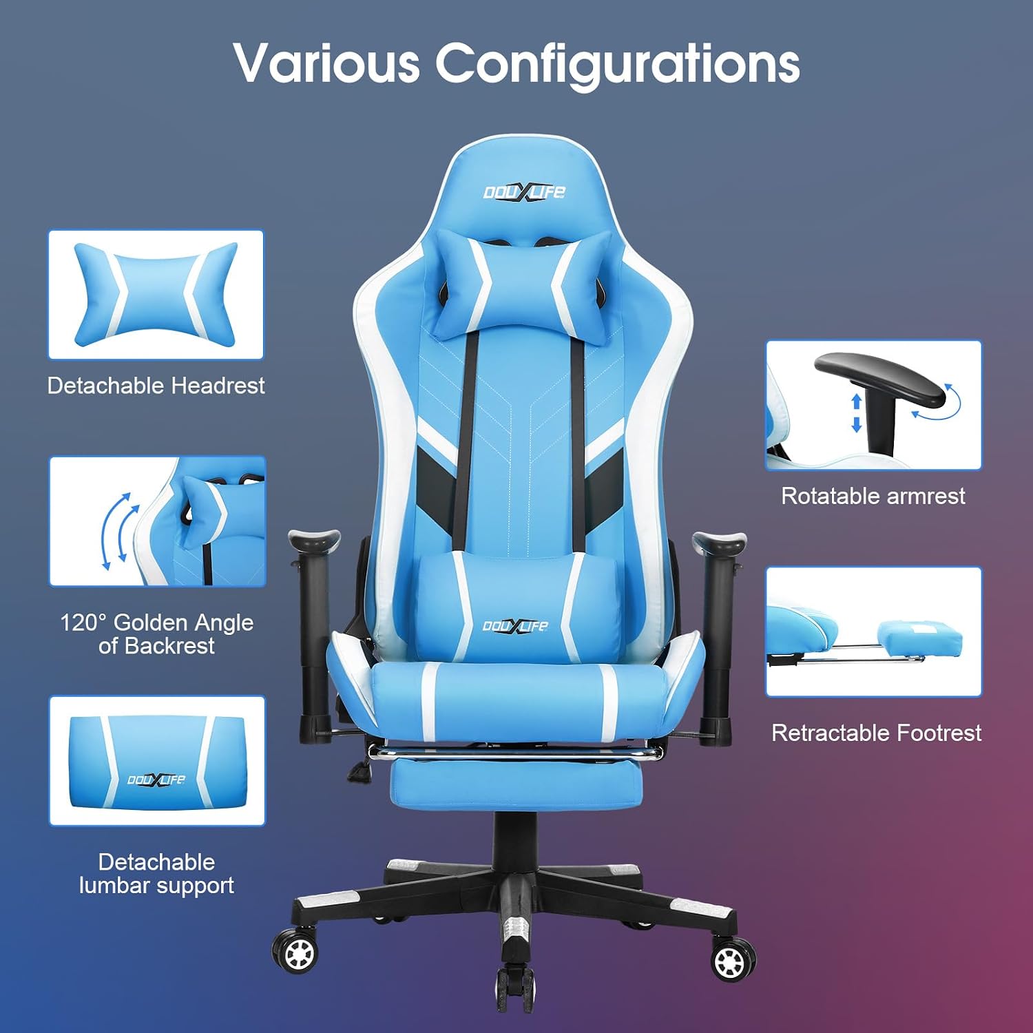 Gaming Chair Massage PC Gaming Chair Office Chair Ergonomic Computer Chair with Rolling Swivel Task Chair Lumbar Support Footrest Headrest, Light Blue