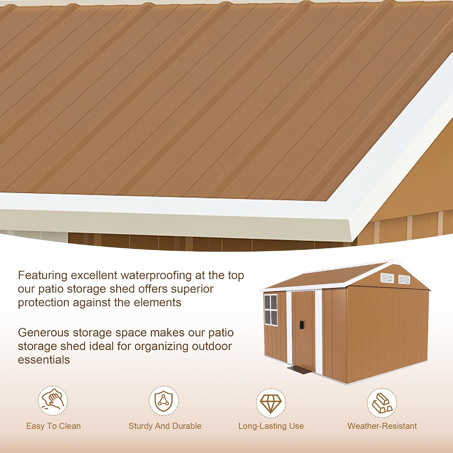 YOPTO 8X10 FT Metal Sheds & Outdoor Storage,Waterproof Large Backyard Shed House W/Windows and Sliding Door,Heavy-Duty Tool Organization with Sloped Roof & Vents,for Garden Pet House,Brown