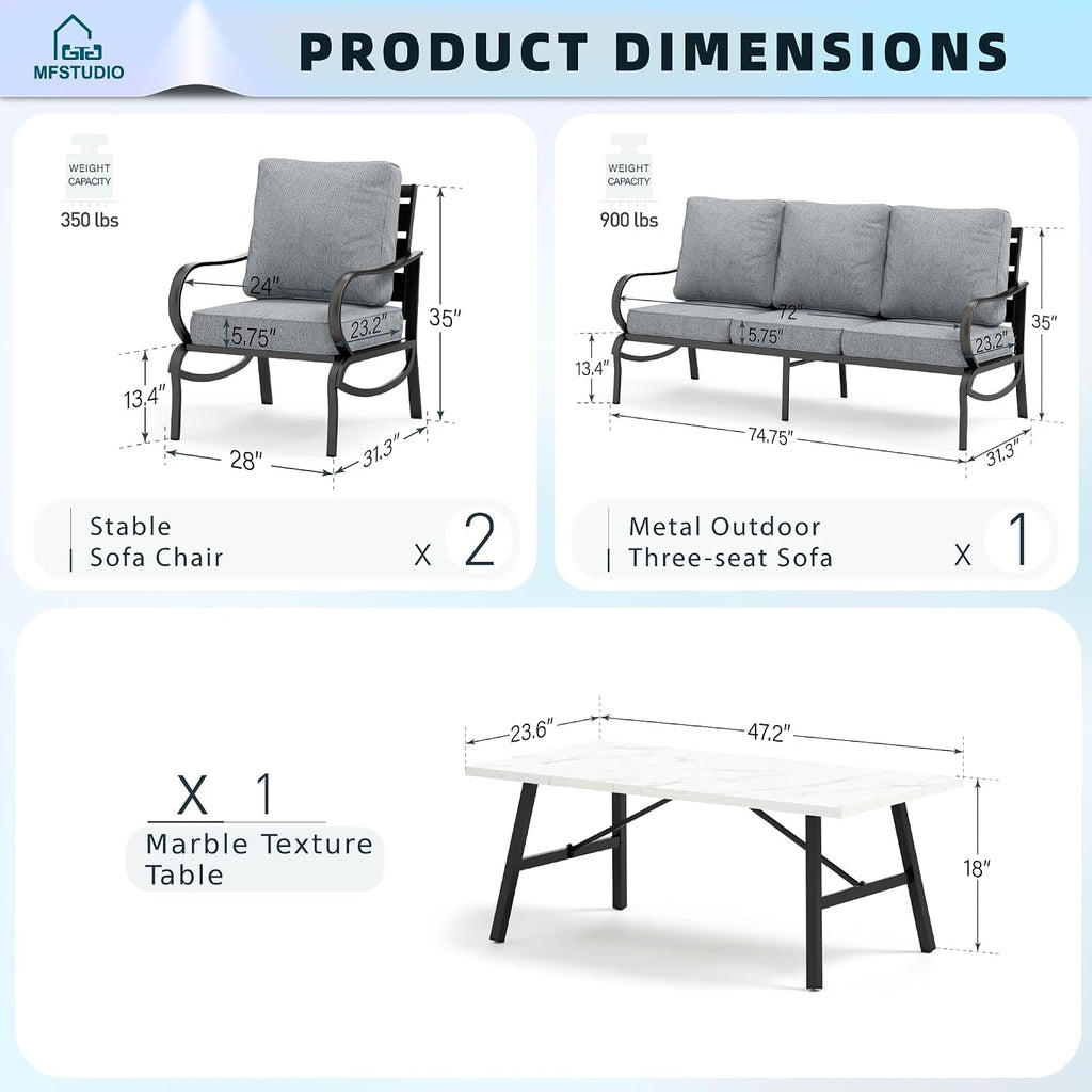 MFSTUDIO 4 Pieces Patio Conversation Set, 5 Seats Metal Patio Furniture Sets with 1 x 3-Seat Sofa, 2 Single Chairs,1 Coffee Table, All Weather Steel Patio Sets with 5.75inch Grey Cushion for Garden