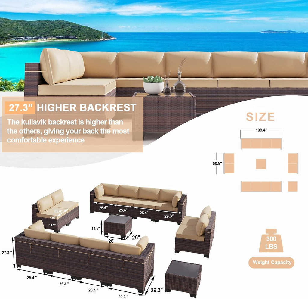 Kullavik 14 Pieces Outdoor Patio Furniture Set,Sectional Rattan Sofa Set Brown PE Rattan Wicker Patio Conversation Set with Tempered Glass Coffee Tables and Washable Cushions Covers,Sand
