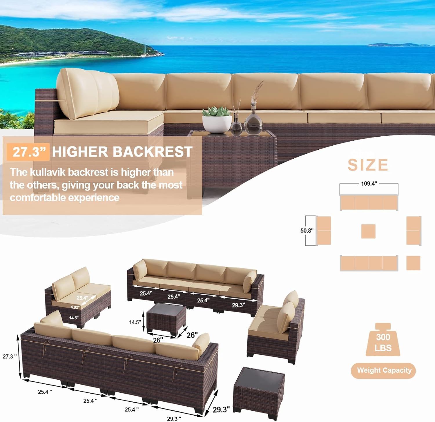 Kullavik 14 Pieces Outdoor Patio Furniture Set,Sectional Rattan Sofa Set Brown PE Rattan Wicker Patio Conversation Set with Tempered Glass Coffee Tables and Washable Cushions Covers,Sand