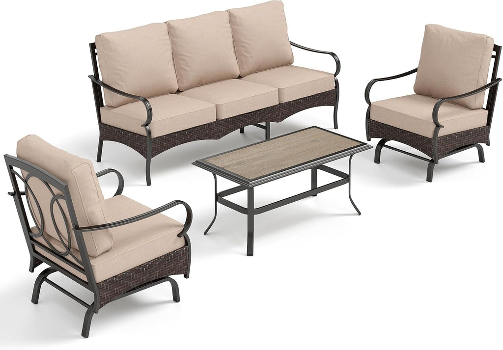 PHI VILLA Outdoor Modern Patio Furniture Set, Upgraded Wicker & Metal Patio Furniture Conversation Set with Waterproof Thick Cushions for Porch, Poolside, Yard (4 Pieces,Beige)