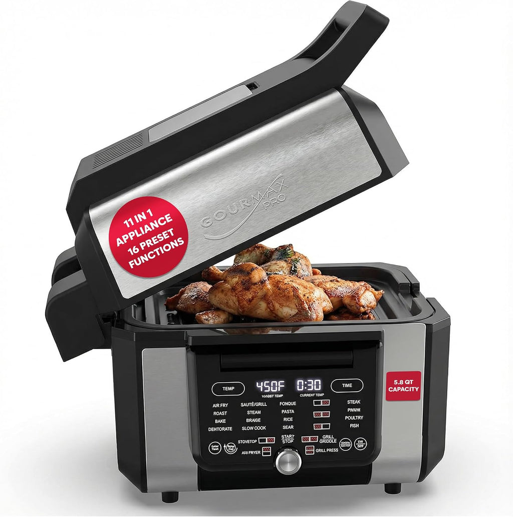 Foodgenie Gourmax Pro One Cooking Device - All-in-One Oven, Smokeless Grill, Air Fryer, Griddle, Cooker & More – 16 Preset Functions, Smart Temperature Control, Dual Surface, Dishwasher Safe, 1500W