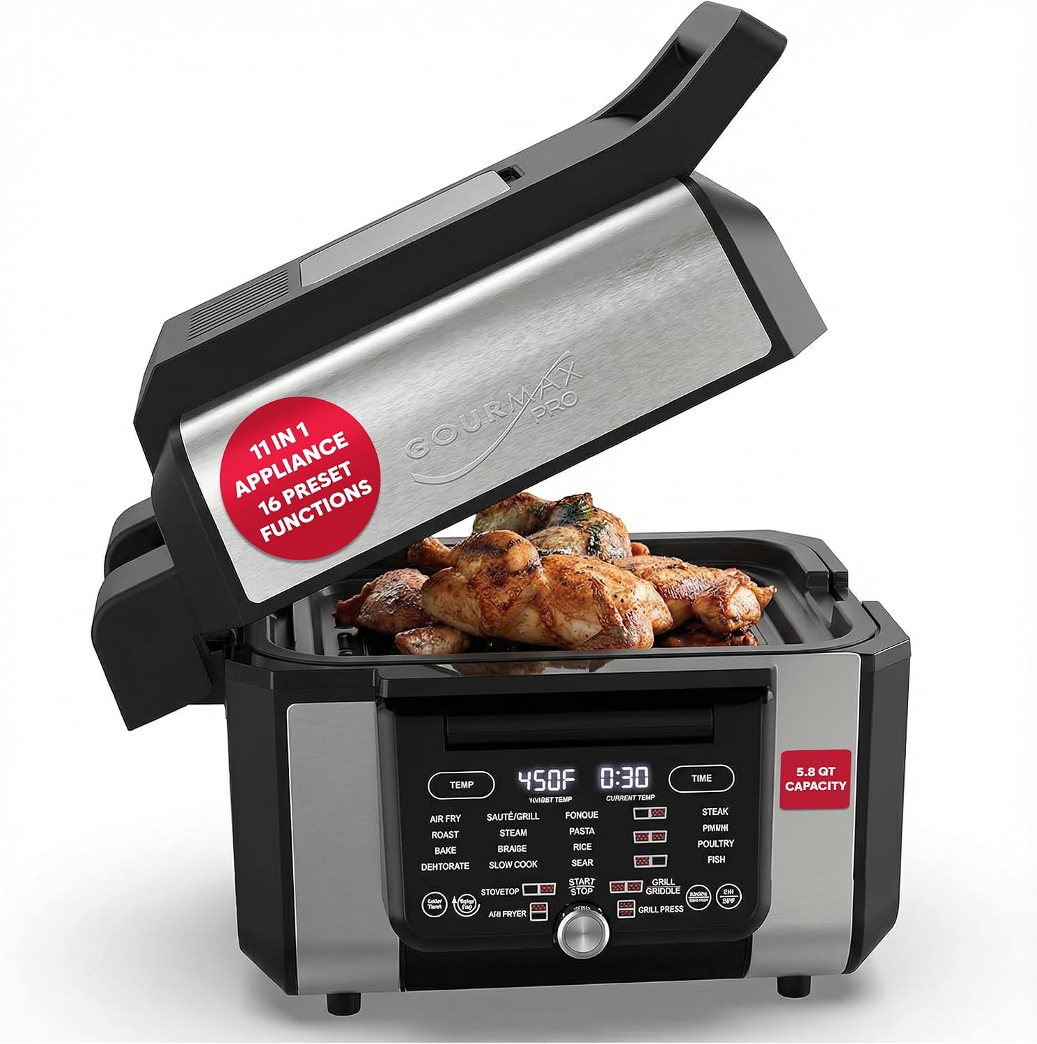 Foodgenie Gourmax Pro One Cooking Device - All-in-One Oven, Smokeless Grill, Air Fryer, Griddle, Cooker & More – 16 Preset Functions, Smart Temperature Control, Dual Surface, Dishwasher Safe, 1500W