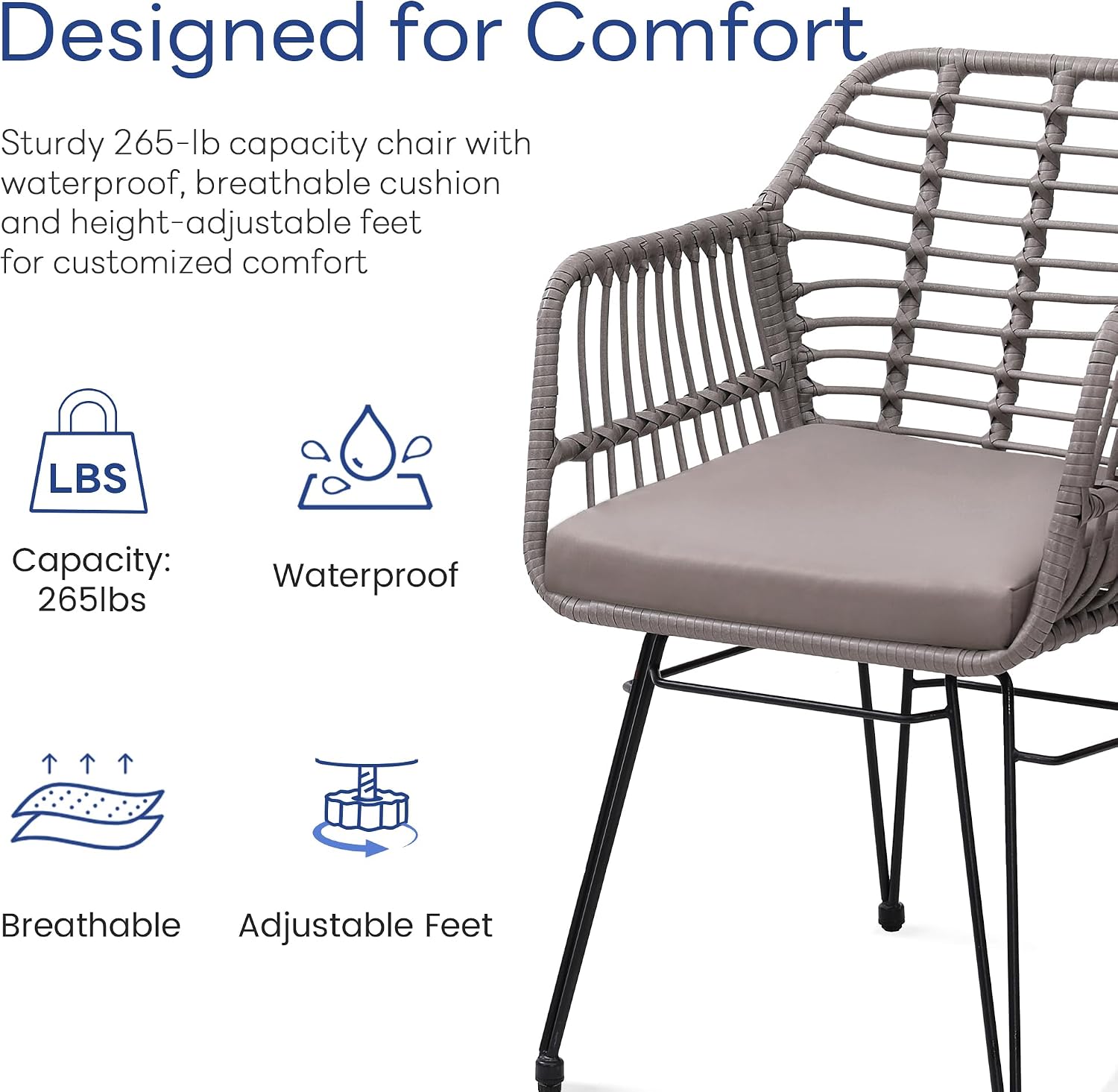 KROFEM 3 Piece Wicker Patio Bistro Furniture Set, Includes 2 Rattan Chairs and Glass Top Table, Ideal for Porch, Outdoor, Backyard, Apartment, Balcony, Grey