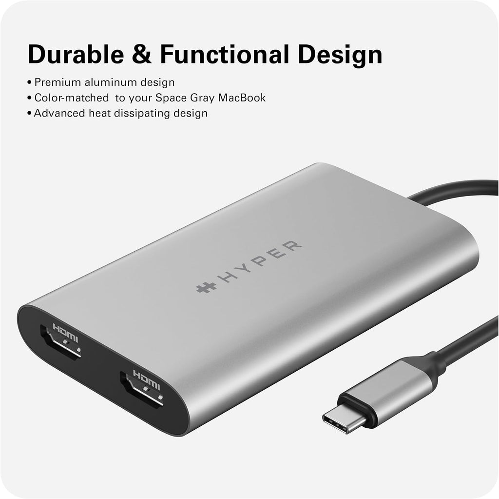 Hyper HyperDrive Dual USB to HDMI Adapter — 4K HDMI Splitter w/ 100W Power Delivery Charging – Seamless Plug & Play Compatible w/ M1, M2, M3, and M4 MacBook, Windows, Chromebook