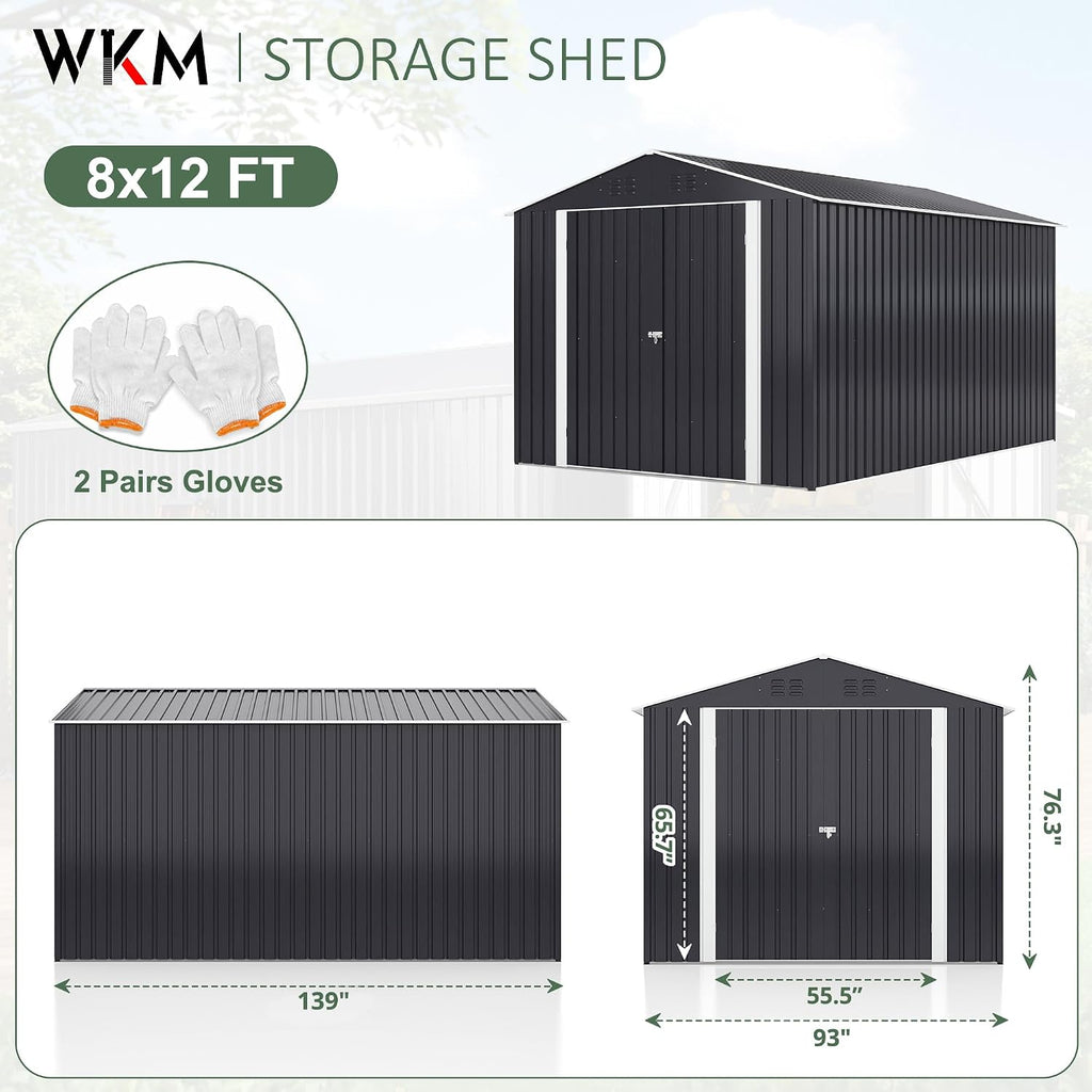 WKM 8X12 FT Outdoor Storage Shed, Utility Metal Tool Storage with Lockable Doors and Updated Frame Structure, Metal Garden Shed for Backyard, Patio Lawn, Black